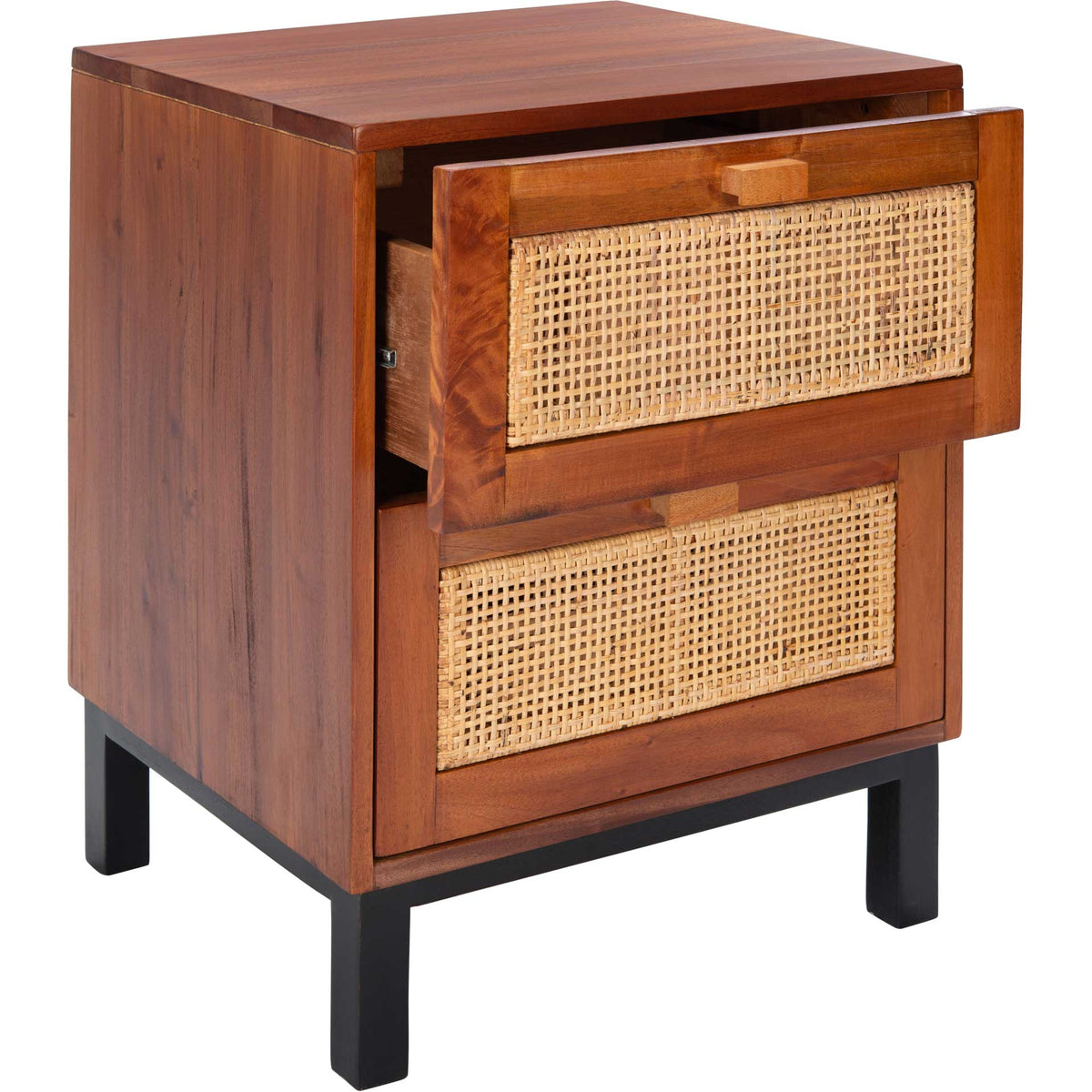 The upper cane-front drawer opens for bedside storage beneath a warm wood top.