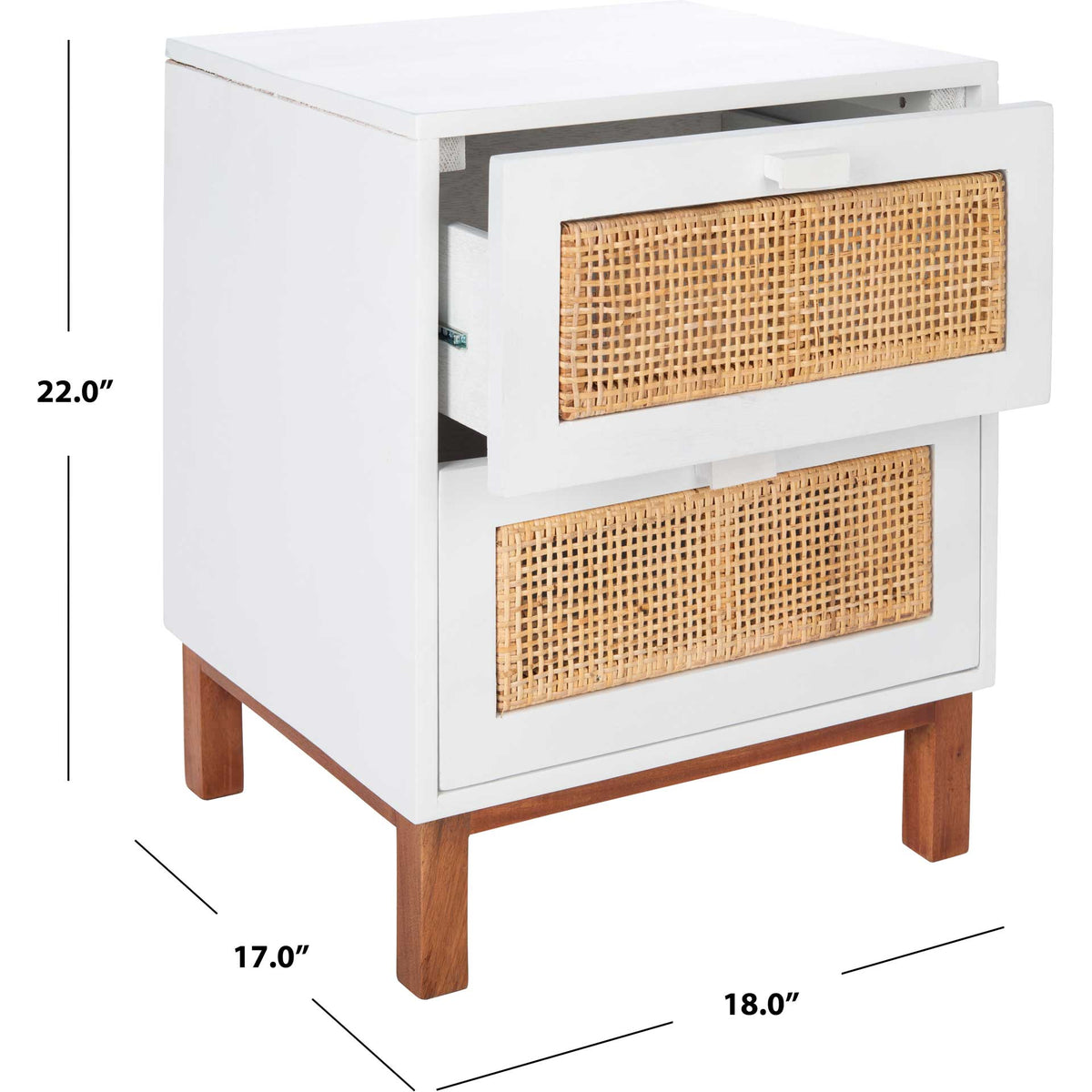 At 18 inches wide, the white nightstand combines two cane-front drawers with natural wood legs.