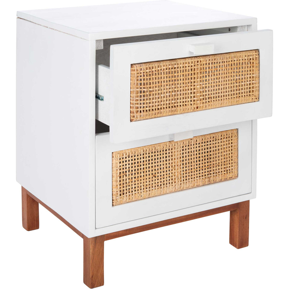 The upper cane-front drawer opens for bedside storage within the clean-lined white cabinet.