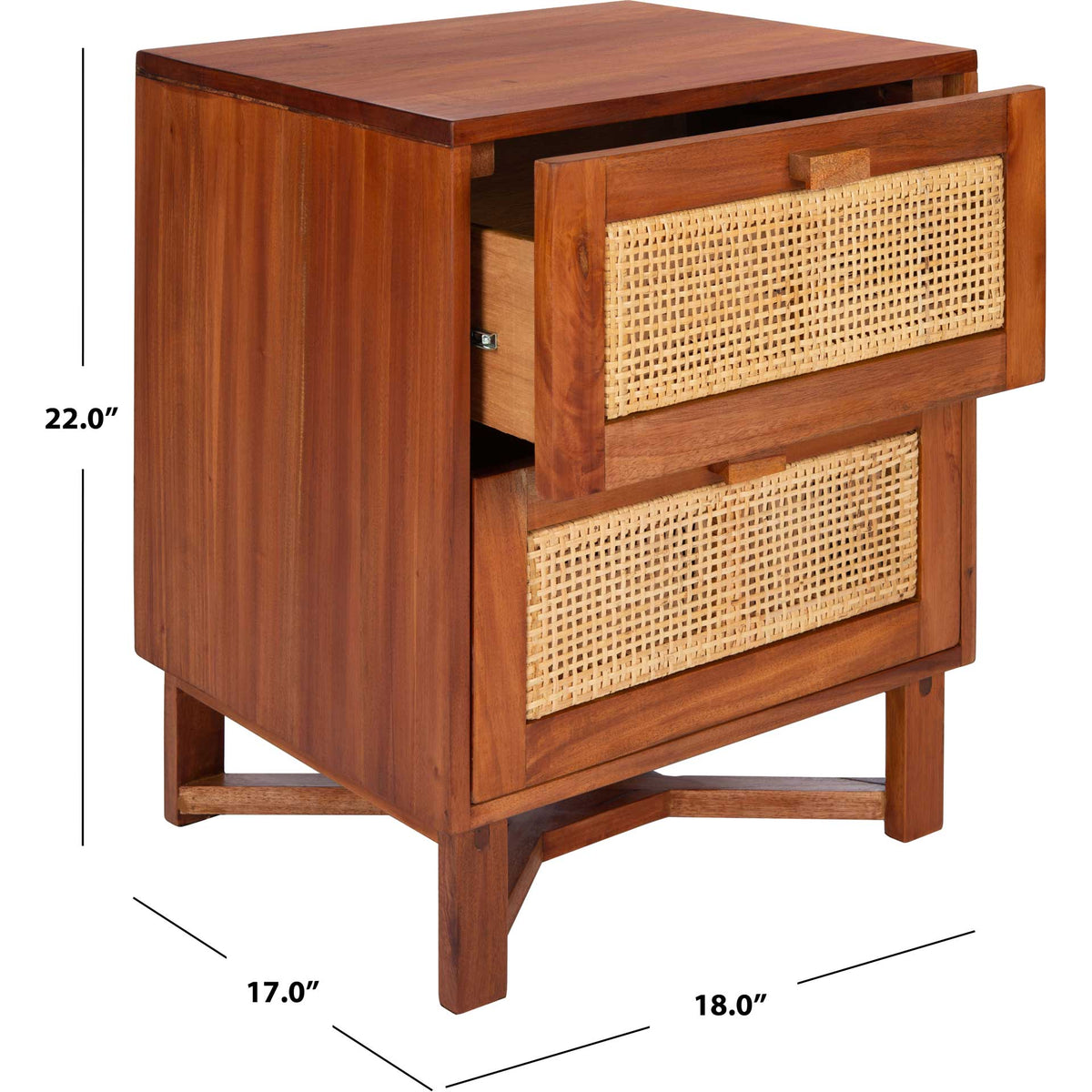 An 18-inch-wide, 17-inch-deep nightstand stands 22 inches tall on an open wood base.