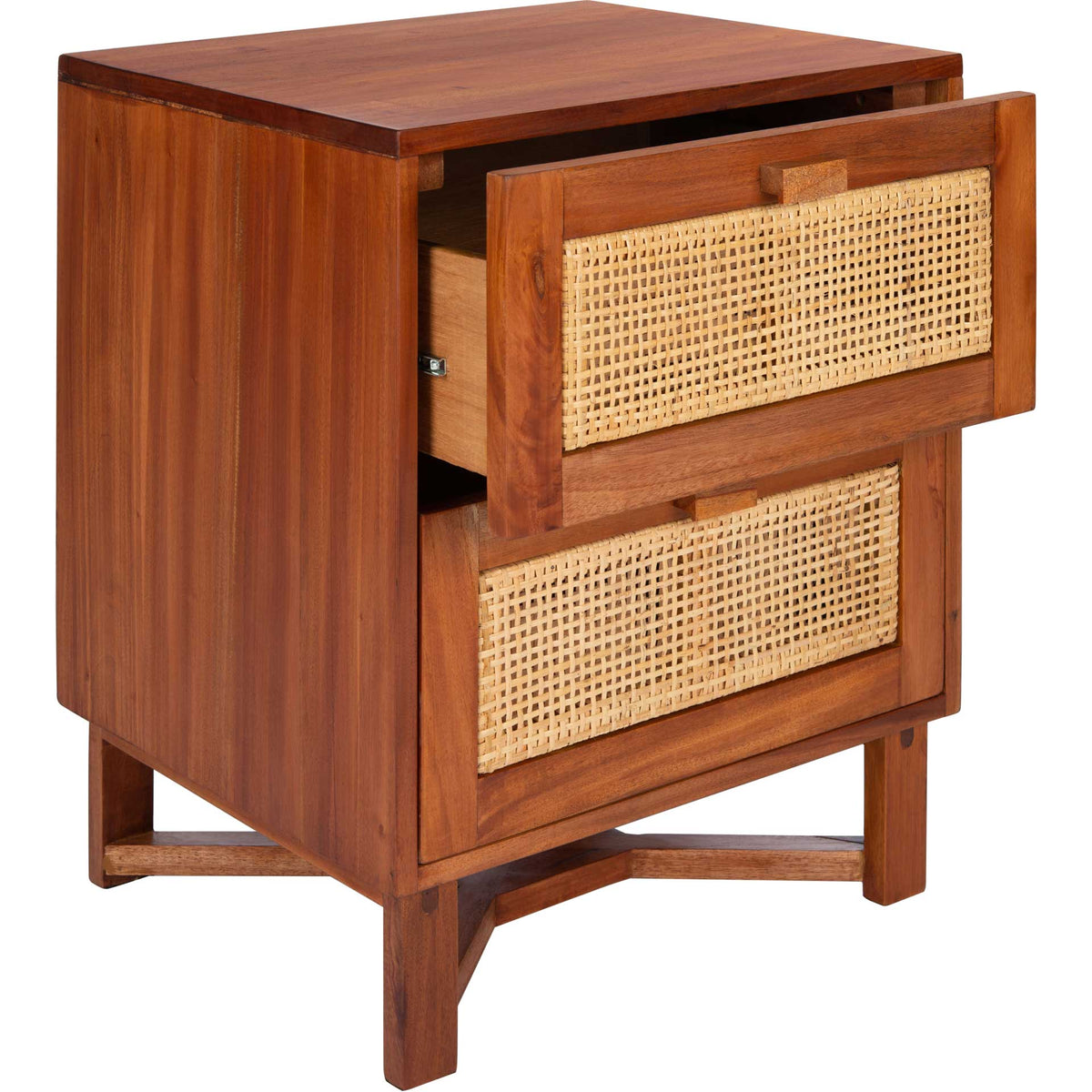 The upper woven cane drawer opens to reveal storage beneath the warm wood tabletop.
