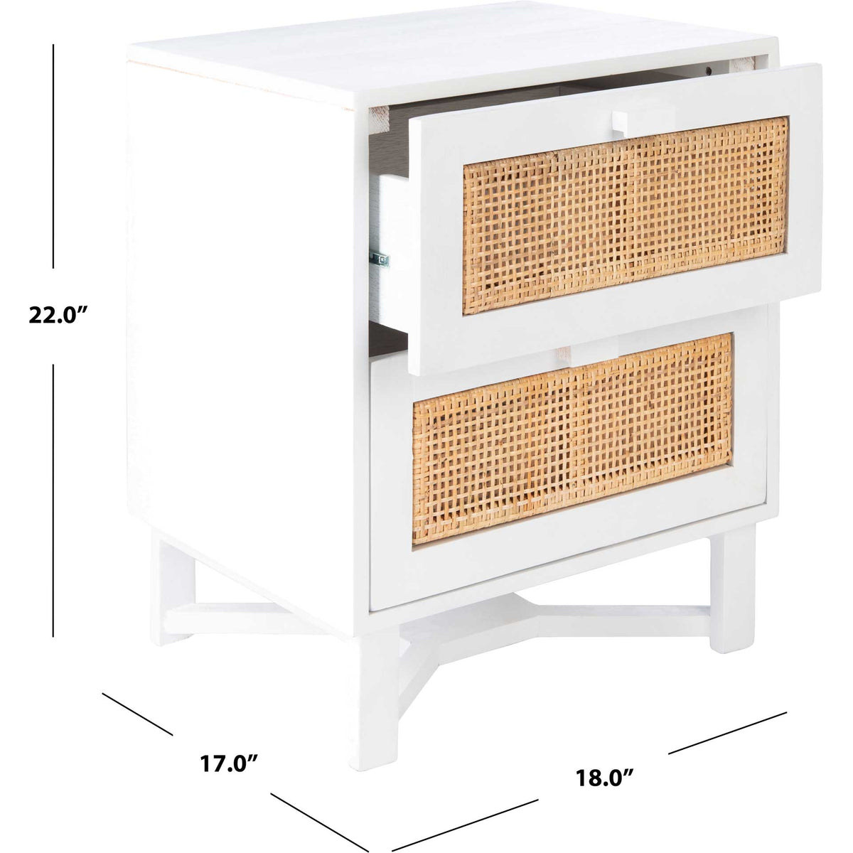 Compact nightstand measures 18 inches wide, 17 inches deep and 22 inches high.