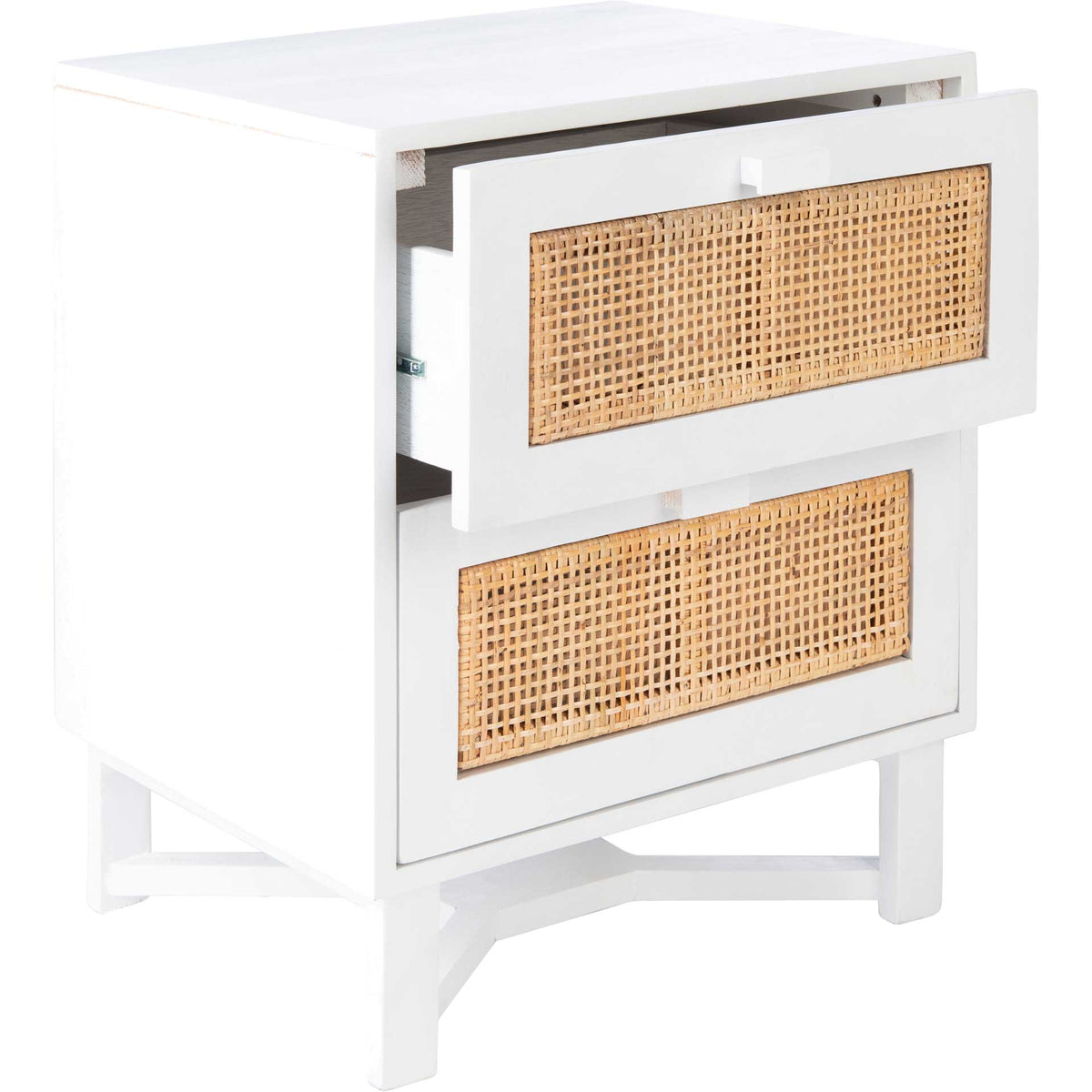An open top drawer offers storage above a second woven cane drawer in crisp white wood.