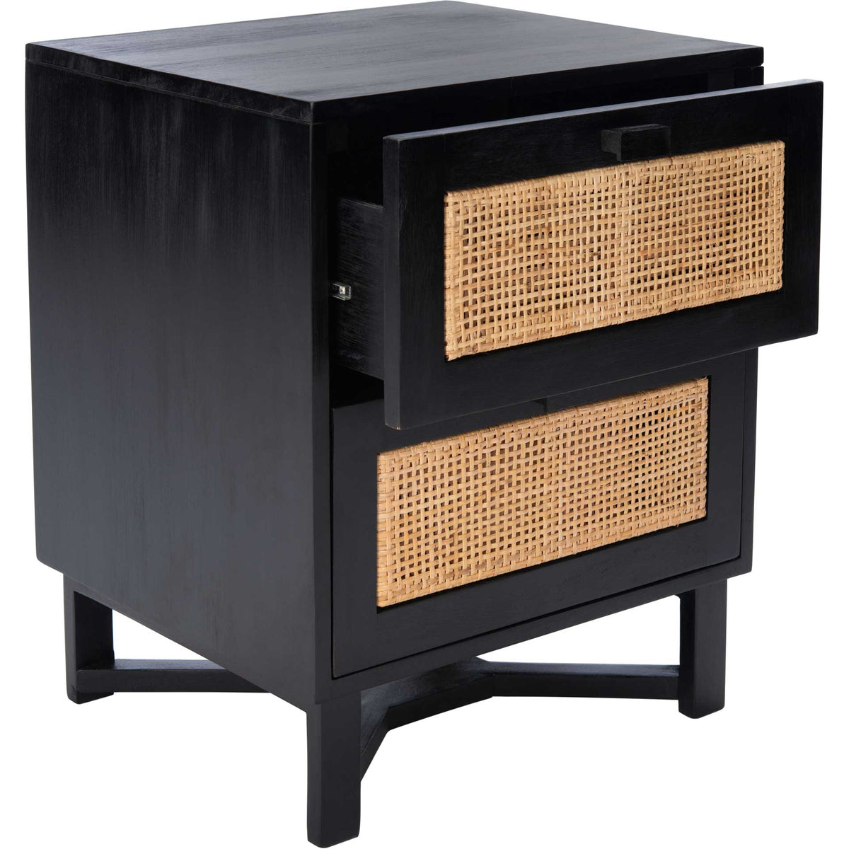 The upper cane-front drawer opens beneath a broad black top for convenient bedside storage.