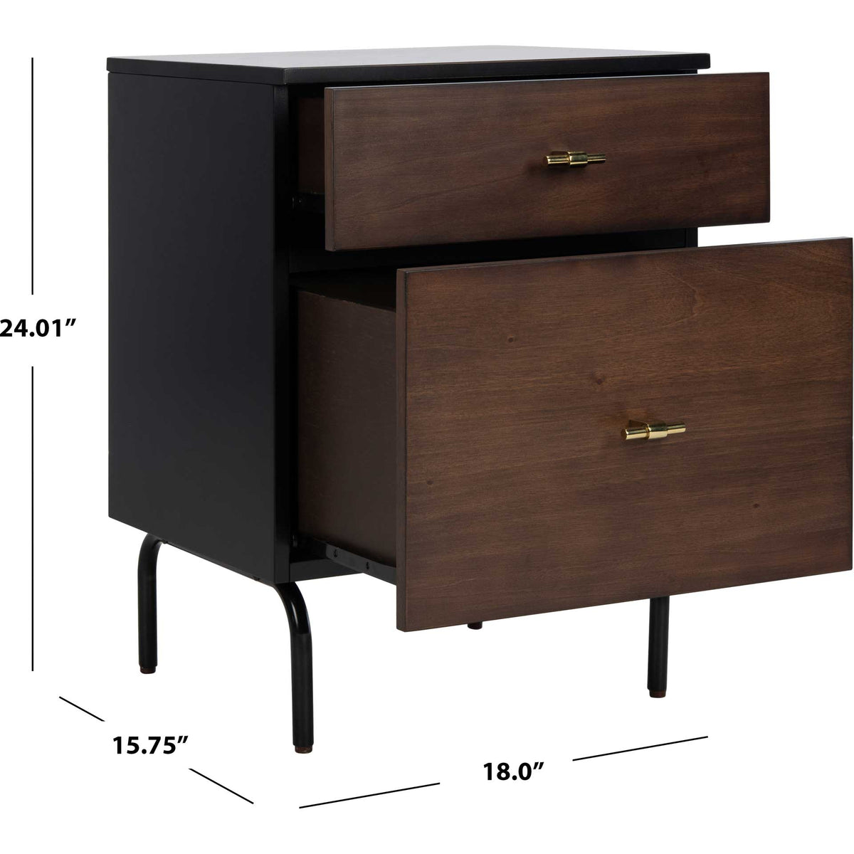 This walnut-and-black nightstand measures about 24 inches high with an 18-by-15.75-inch footprint.