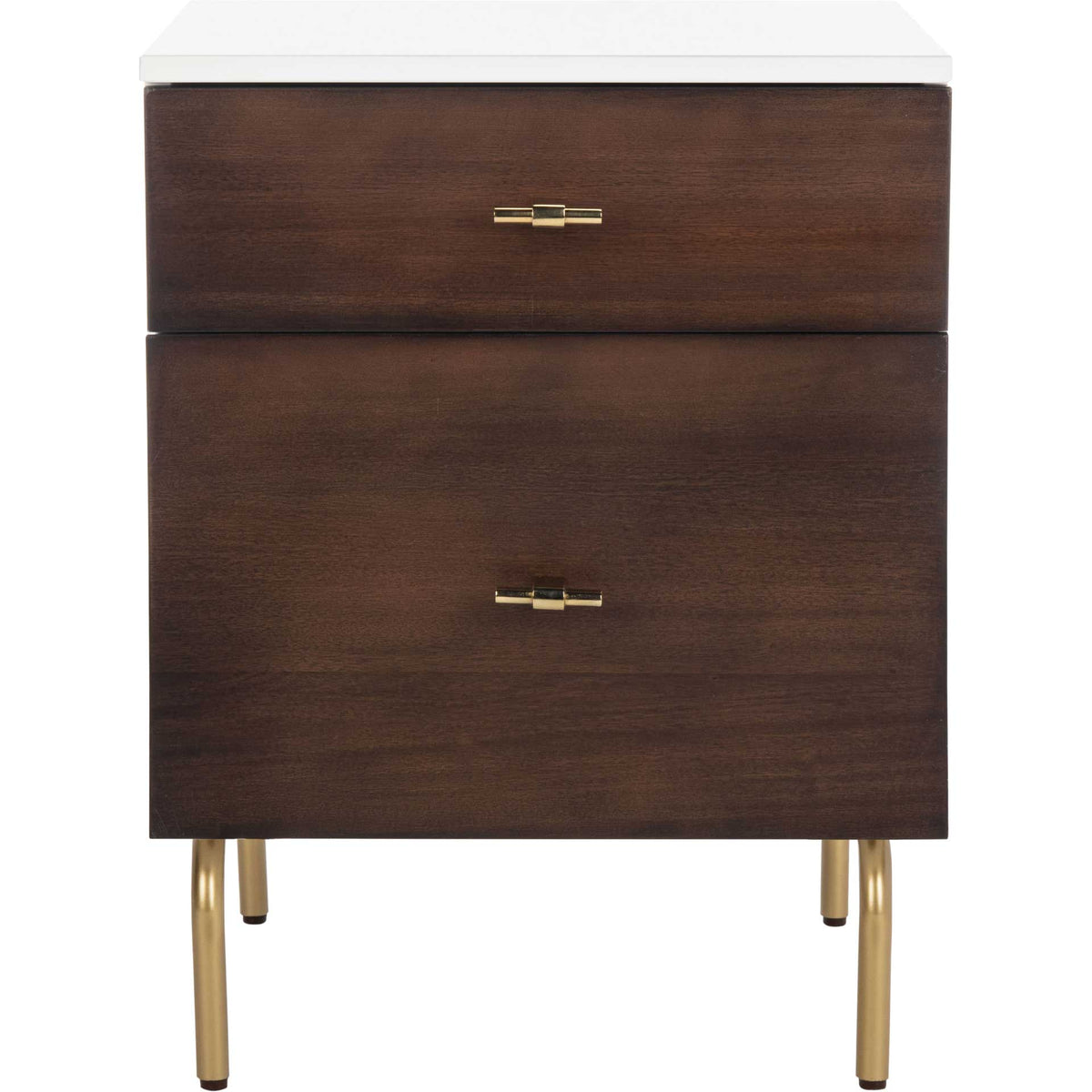 Two walnut-finished drawers give this white-topped nightstand warmth, accented by gold-tone pulls and legs. || NST5002B || front_studio