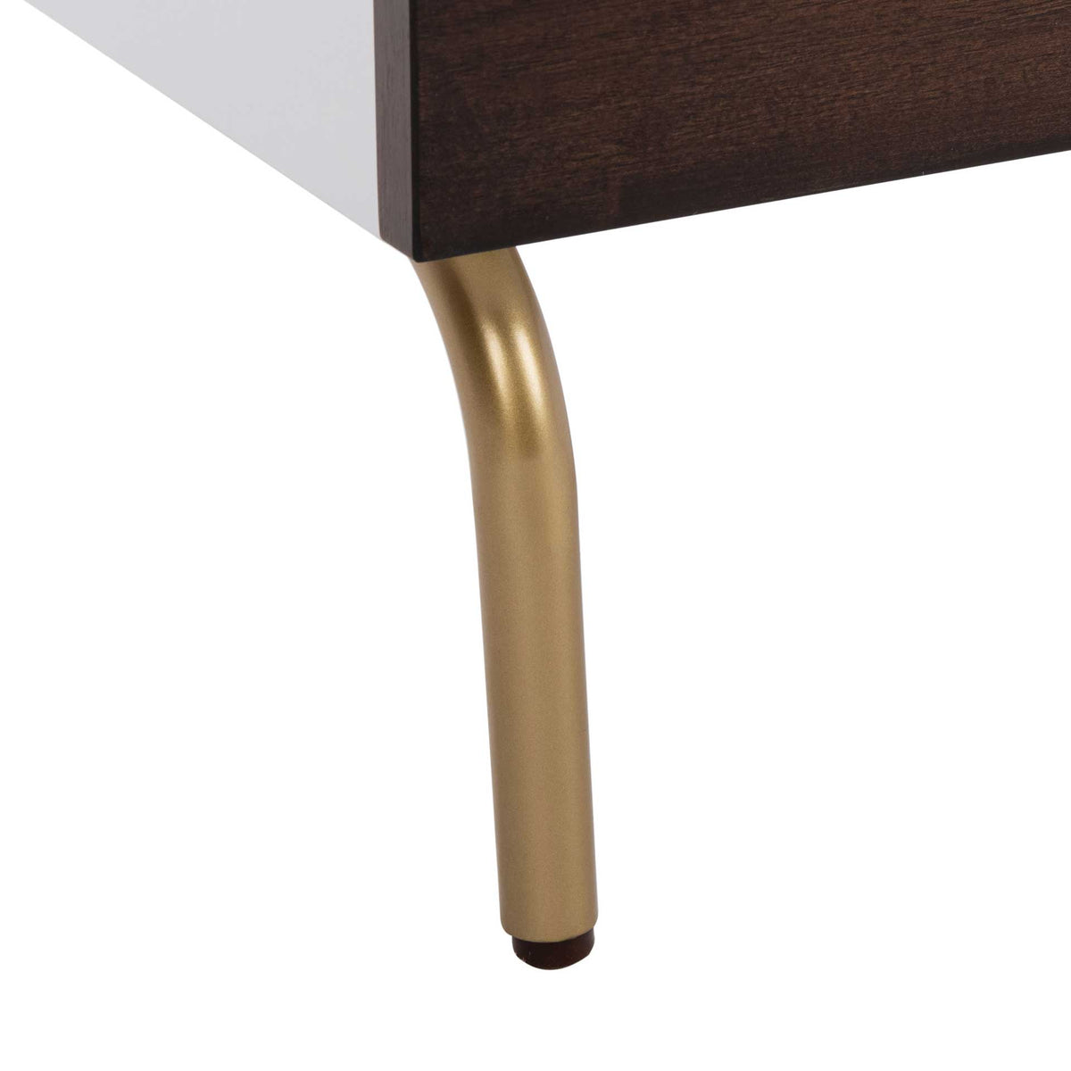 A slim gold-tone leg curves below the white-and-walnut cabinet for an airy silhouette.