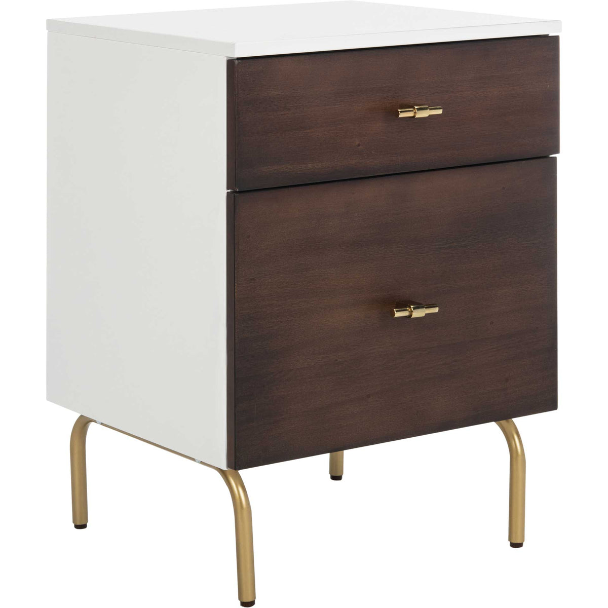 Walnut-toned drawers pair with a white top and cabinet sides, gold-tone pulls and curved gold-tone legs. || NST5002B || front_angle_studio