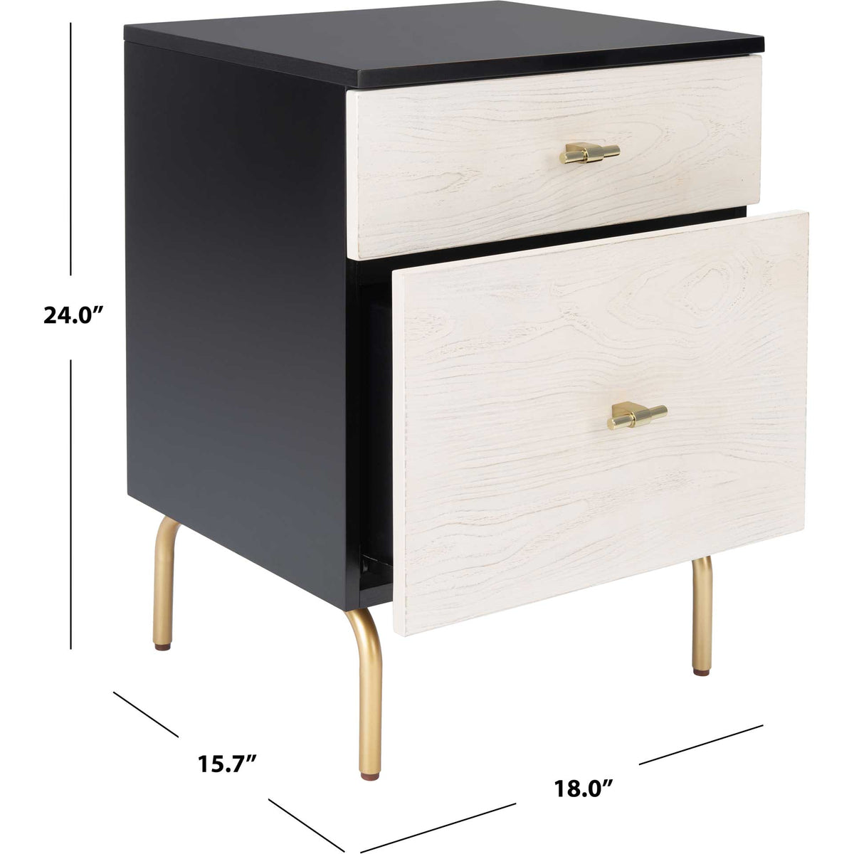 The black-and-white nightstand measures 24 inches tall with an 18-by-15.7-inch footprint.