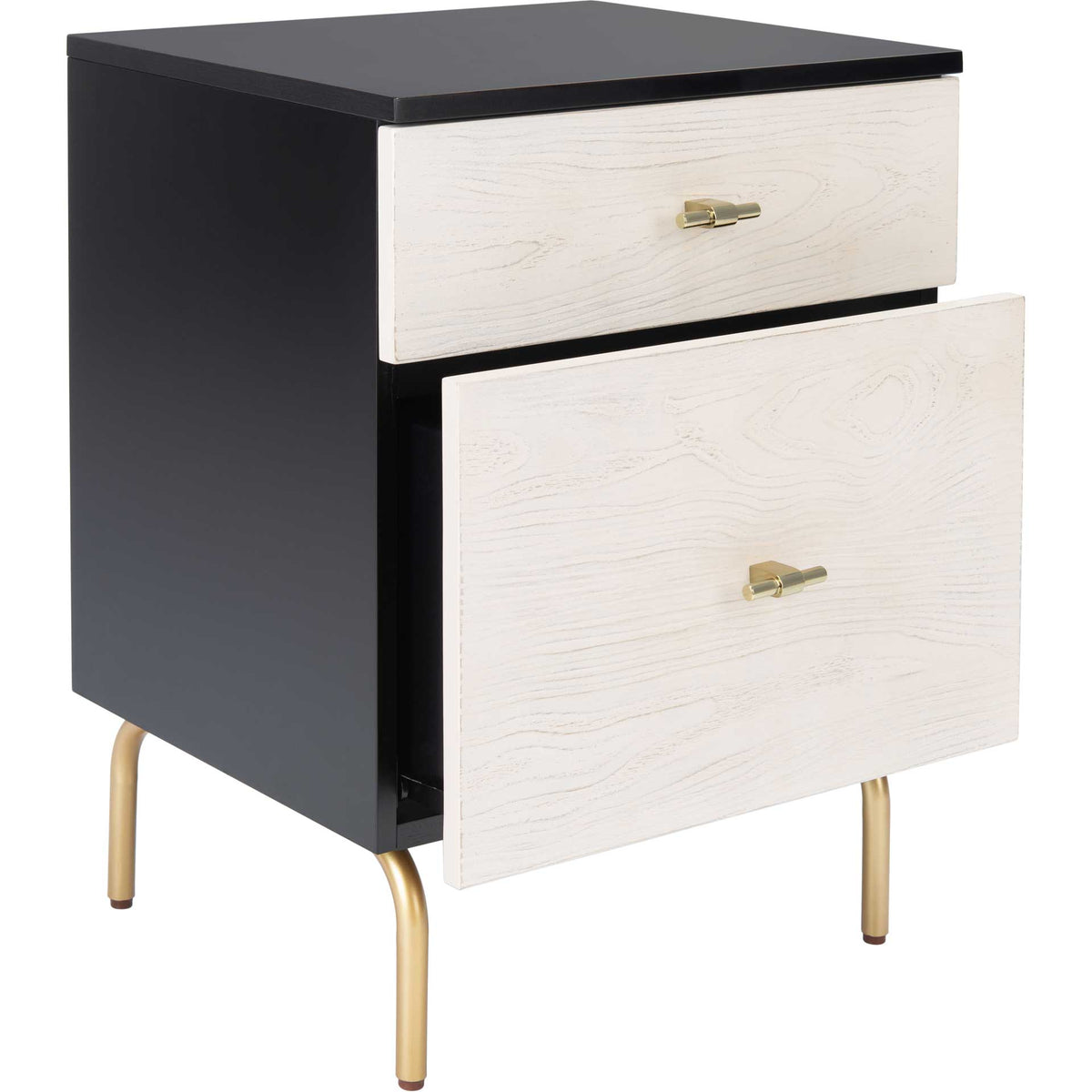 A roomy lower drawer slides out beneath a smaller upper drawer in this black-and-white nightstand.