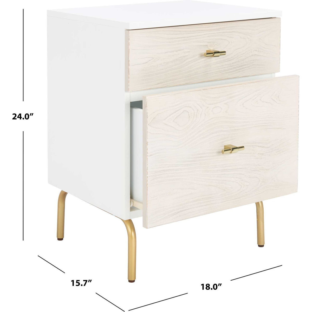 The white nightstand reaches 24 inches high and spans 18 by 15.7 inches at the base.
