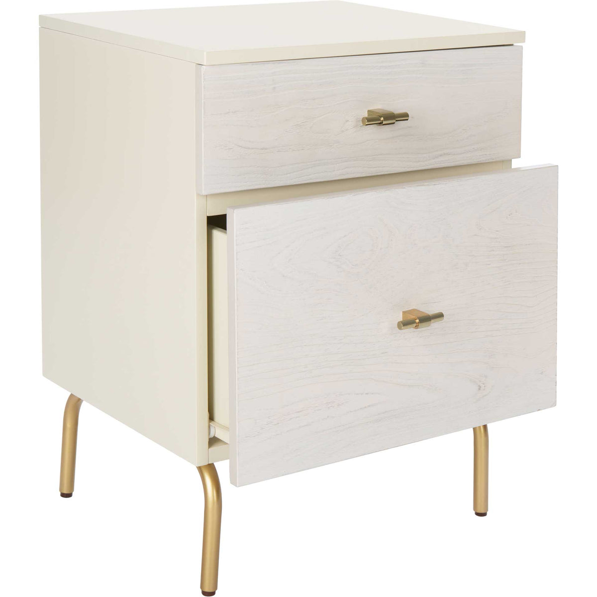 A deep lower drawer opens beneath a shallow upper drawer in the cream and whitewashed cabinet.