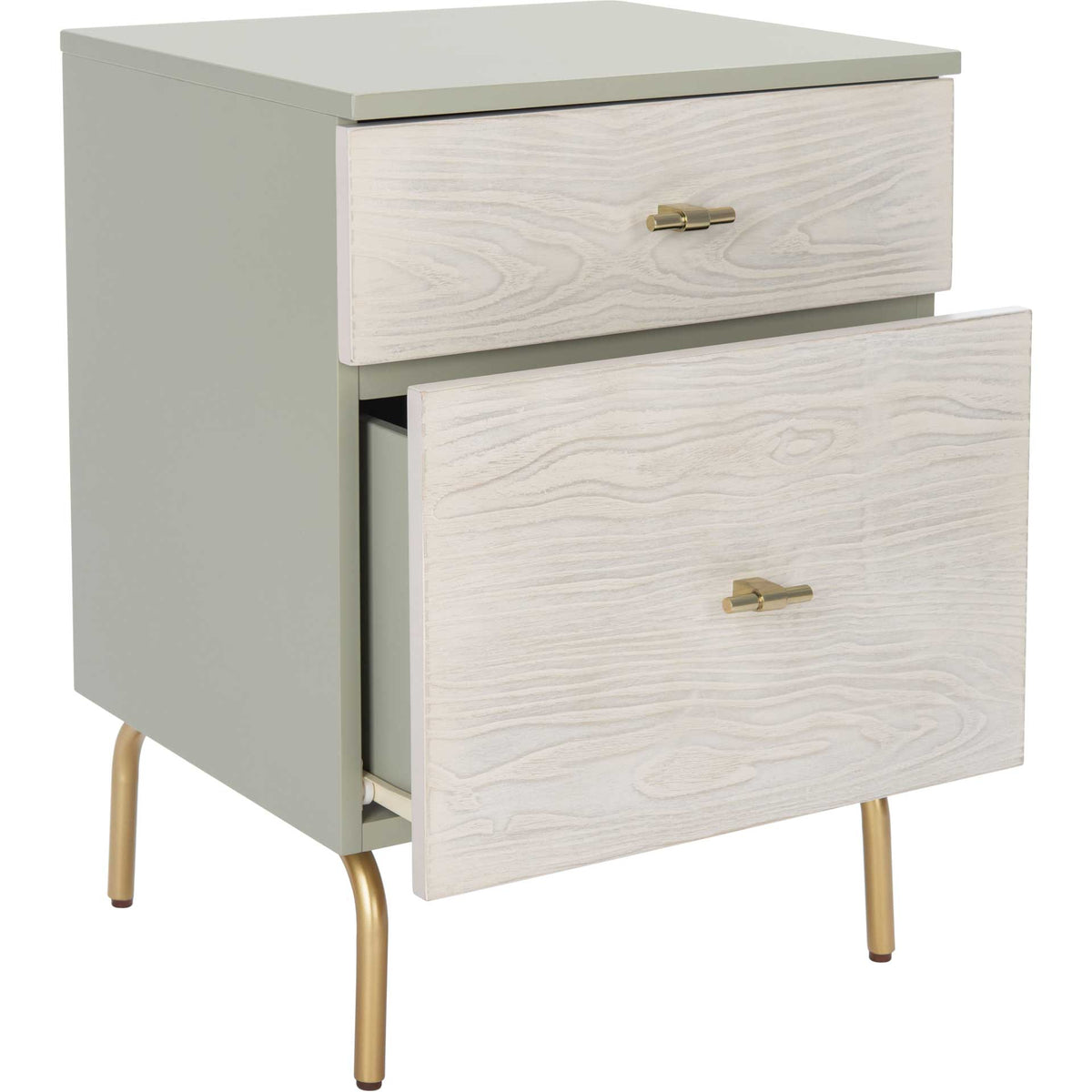 A generous lower drawer opens beneath the smaller top drawer in this gray-and-whitewashed design.