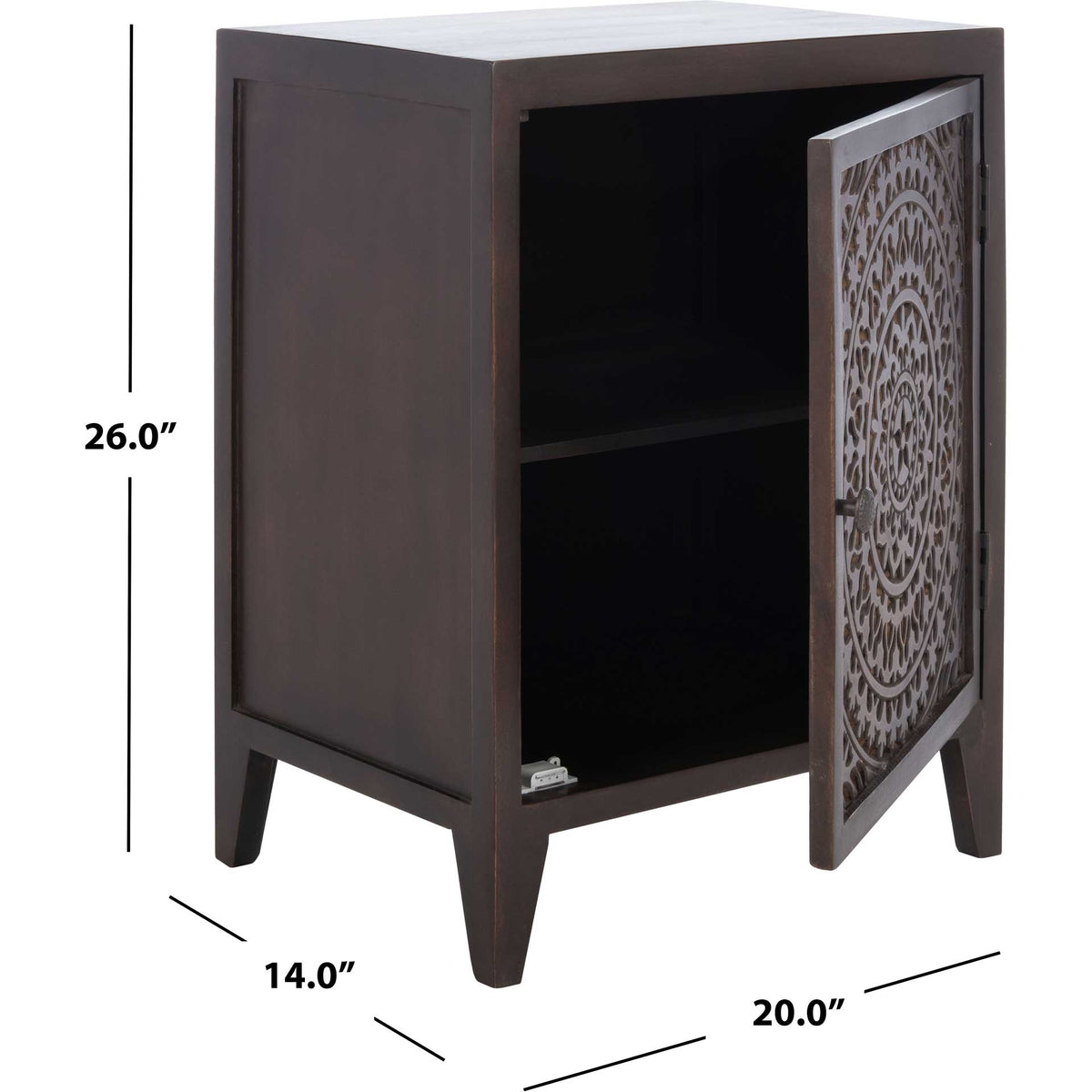 Brown carved-door nightstand measures 20 inches wide, 14 inches deep, and 26 inches high