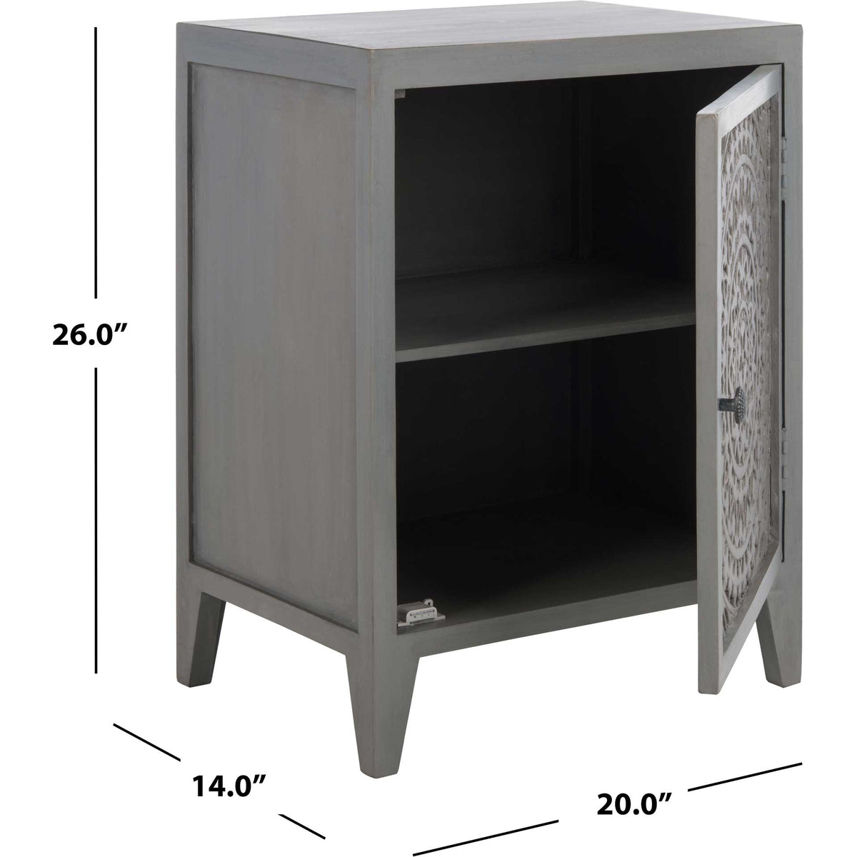 Carved gray nightstand measures 20 inches wide, 14 inches deep, and 26 inches high
