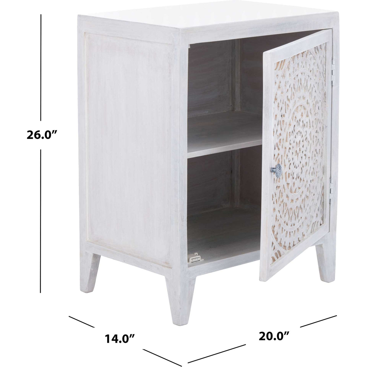 Whitewashed carved-door nightstand measures 20 inches wide, 14 inches deep, and 26 inches high