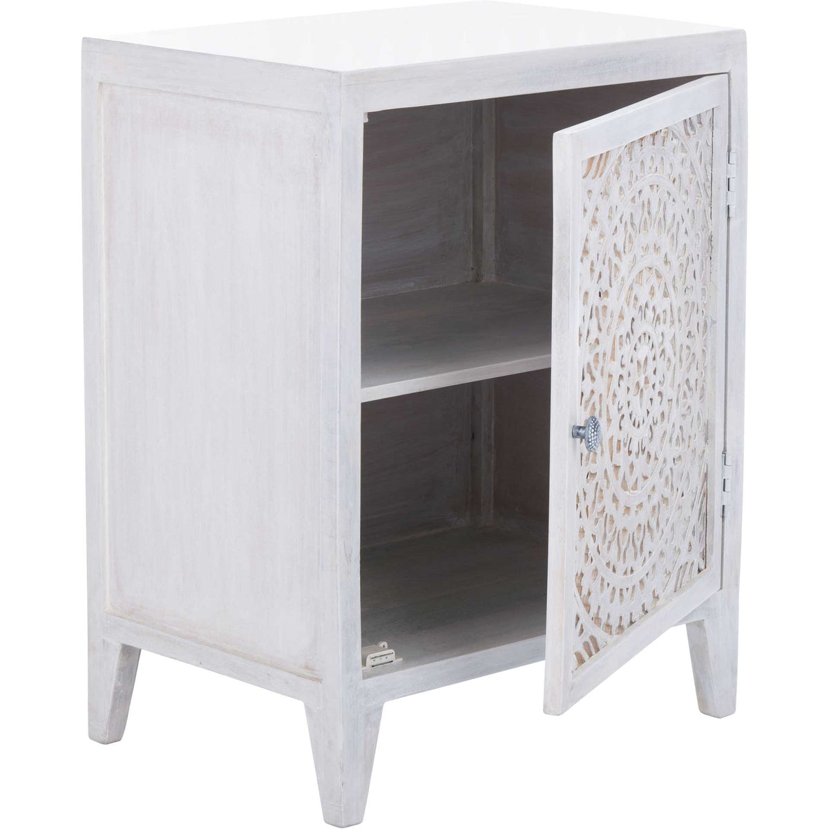 Whitewashed cabinet door opens to reveal a divided storage space and interior shelf