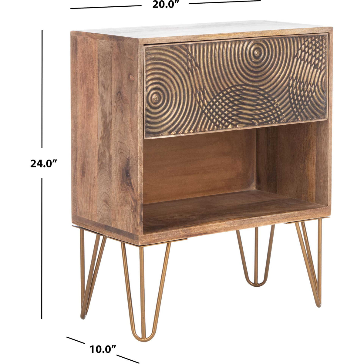 Wood nightstand measures 20 inches wide, 10 inches deep, and 24 inches high on slender hairpin legs