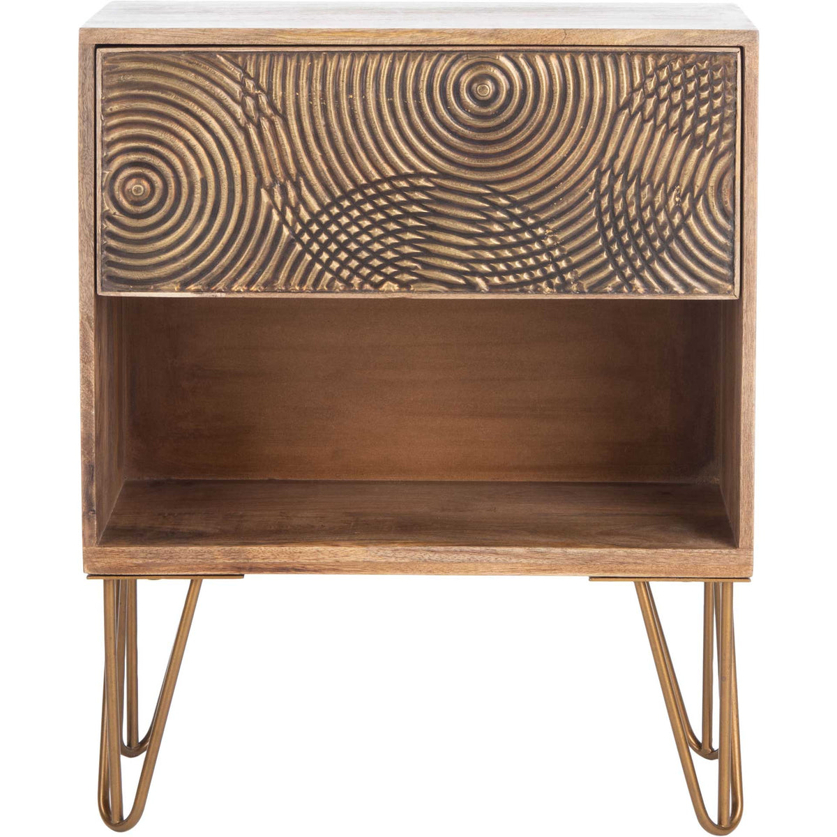 Concentric textured rings cover the drawer above a roomy open shelf and slim brass hairpin legs || NST5302A || front_studio
