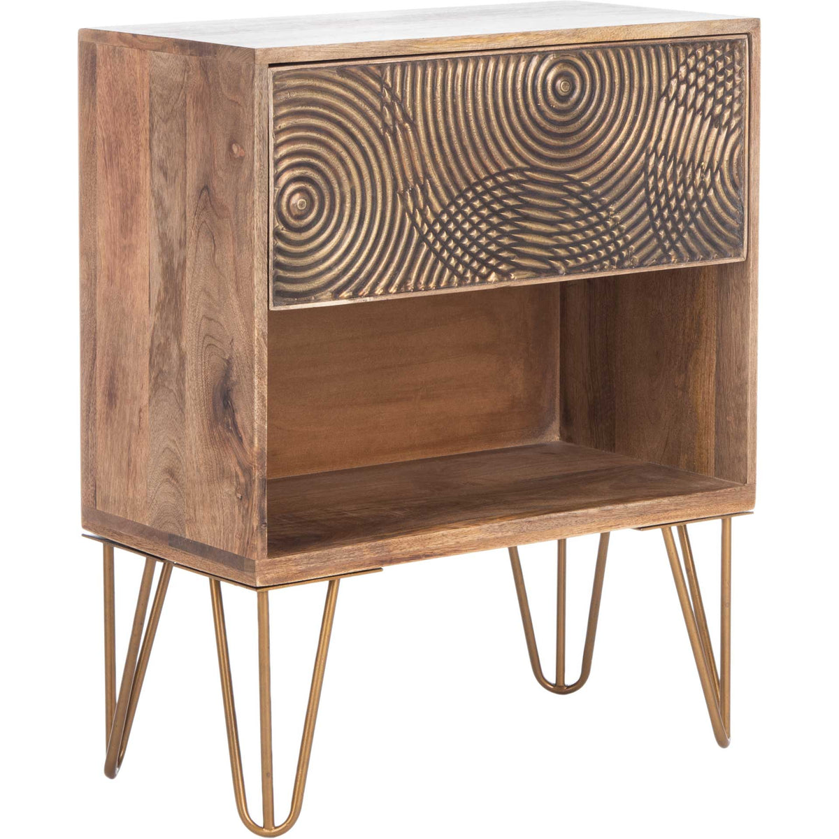 Warm wood nightstand pairs a rippled brass-accented drawer with an open shelf and slender hairpin legs || NST5302A || front_angle_studio