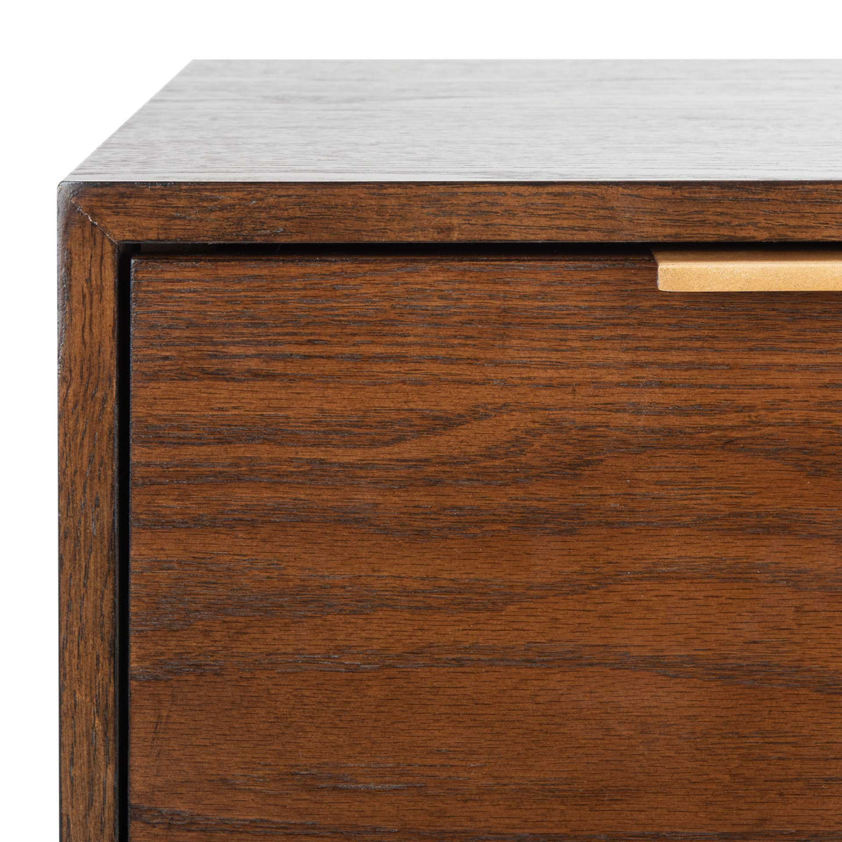 Rich walnut grain, crisp drawer edges, and a slim gold pull add refined detail.