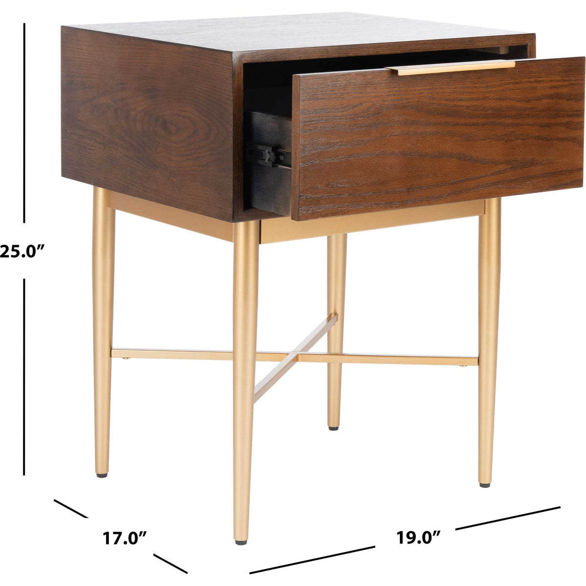 A compact 25-inch-tall nightstand pairs a roomy drawer with gold legs and a 17-by-19-inch footprint.