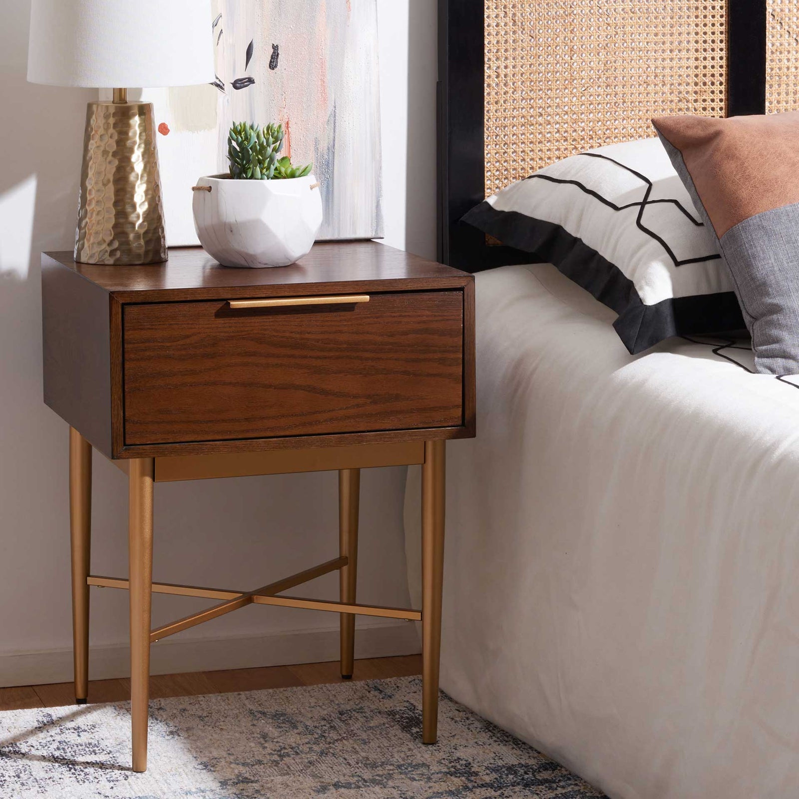 Pin One Drawer Nightstand Walnut/Gold