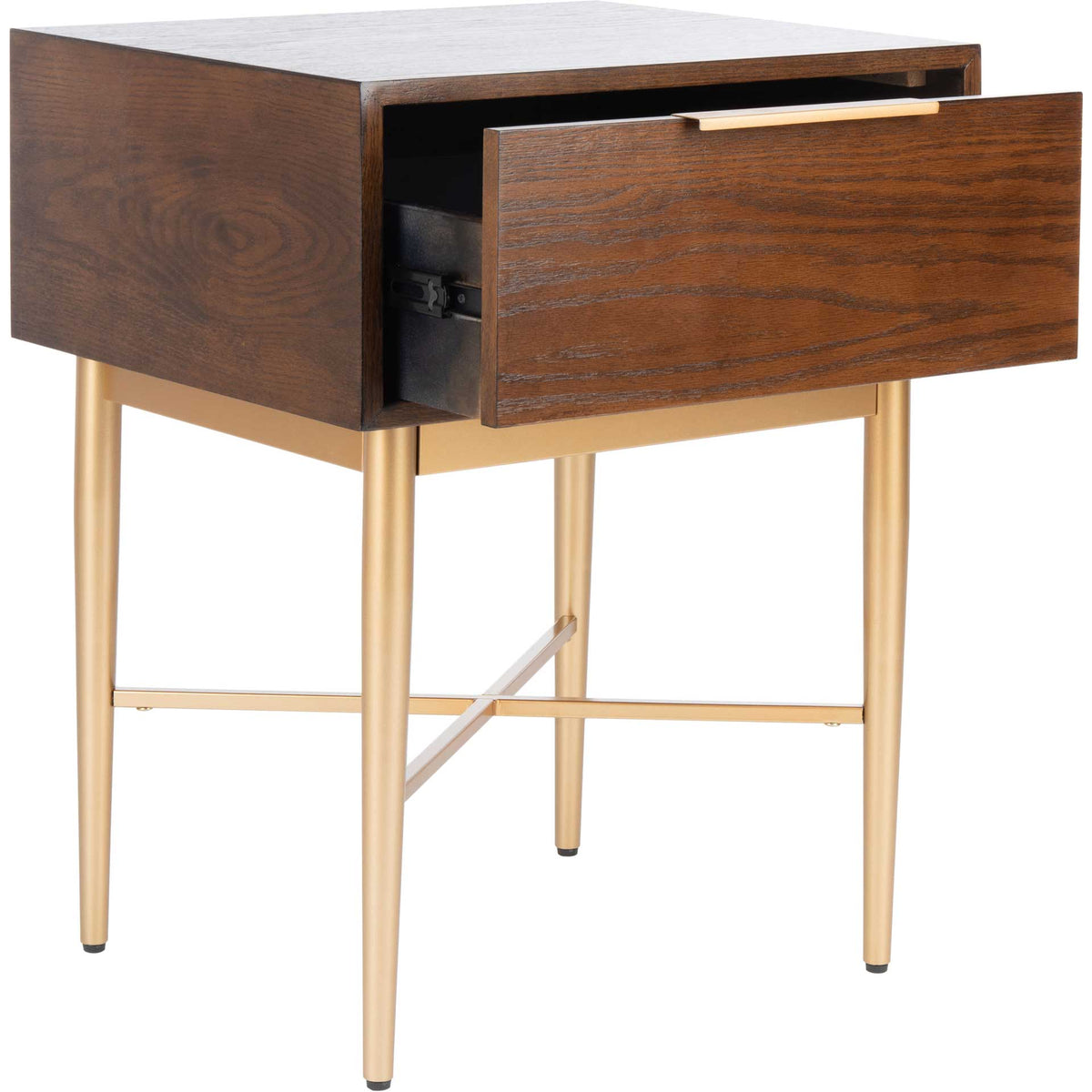 An open drawer reveals dark storage above slender gold legs and crossed metal bracing.