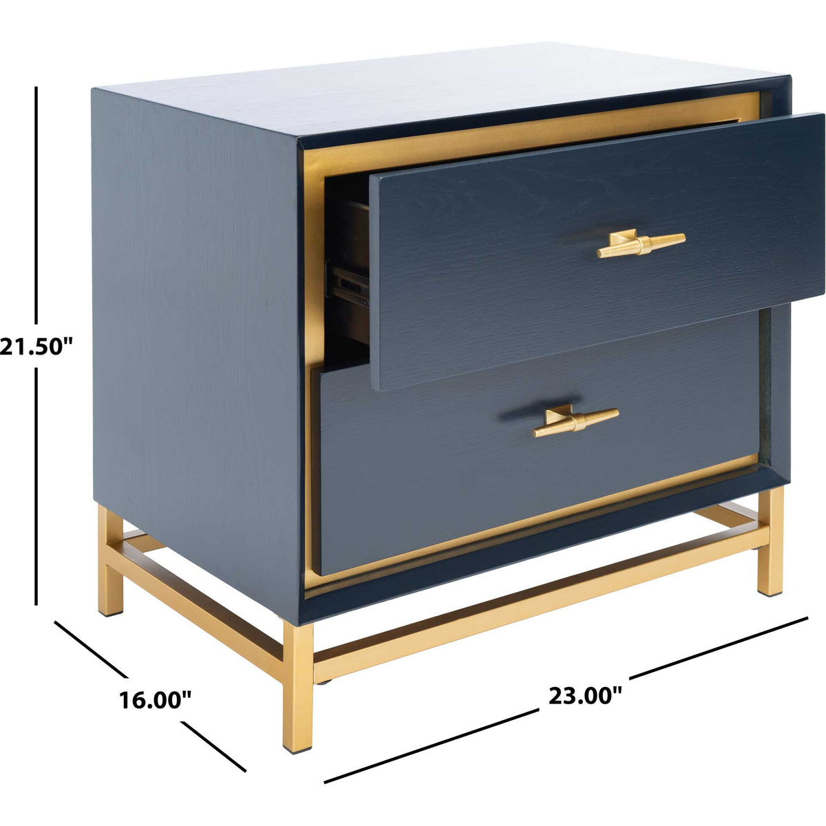 Deep teal nightstand measures 23 inches wide, 16 inches deep, and 21.5 inches high