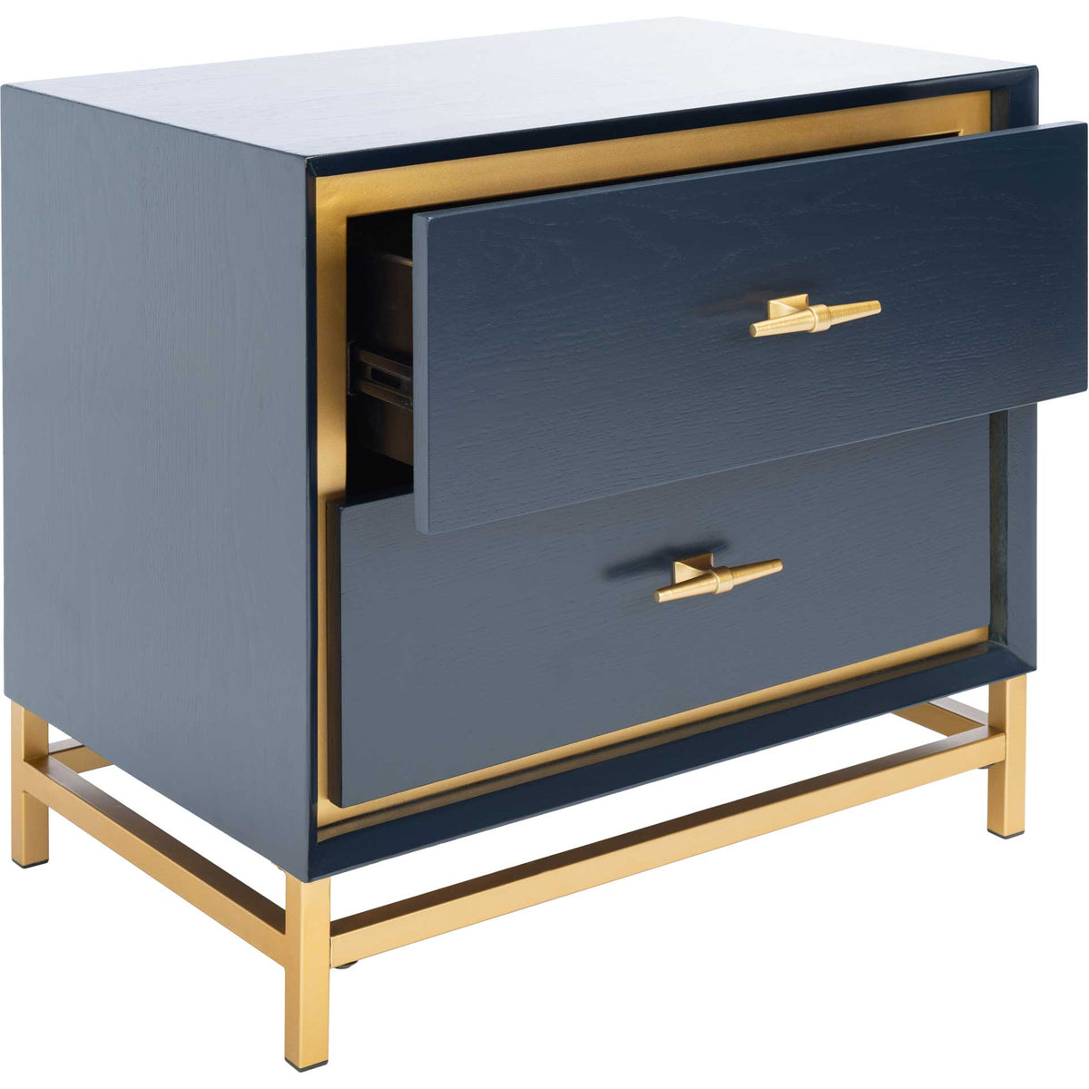 An open upper drawer adds easy-access storage to this deep teal nightstand with brass accents
