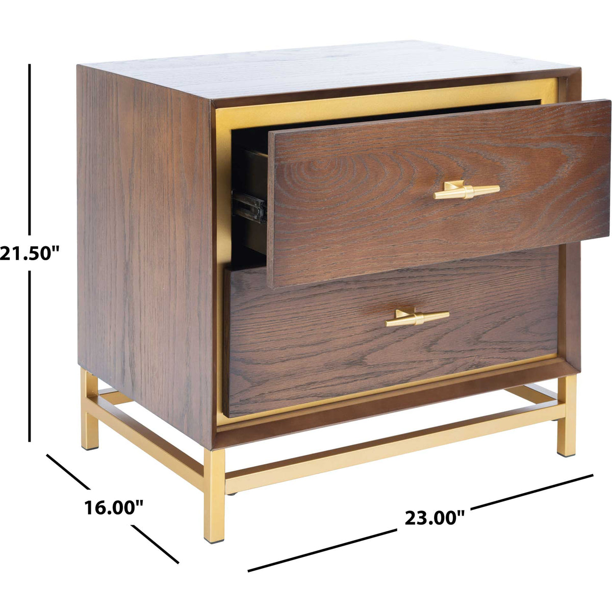 Walnut-finish nightstand measures 23 inches wide, 16 inches deep, and 21.5 inches high