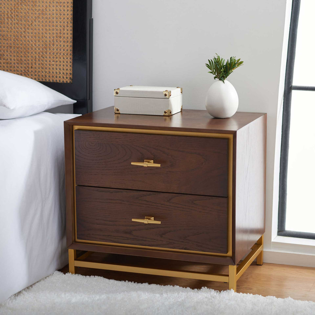 Femi 2 Drawer Nightstand Walnut/Brass