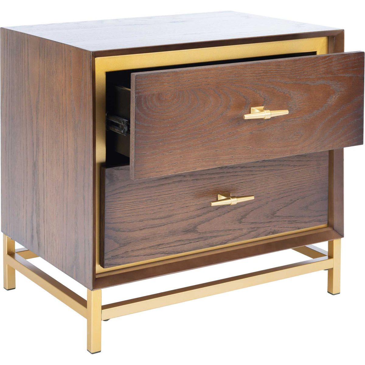 An open upper drawer reveals convenient storage amid warm walnut grain and brass accents