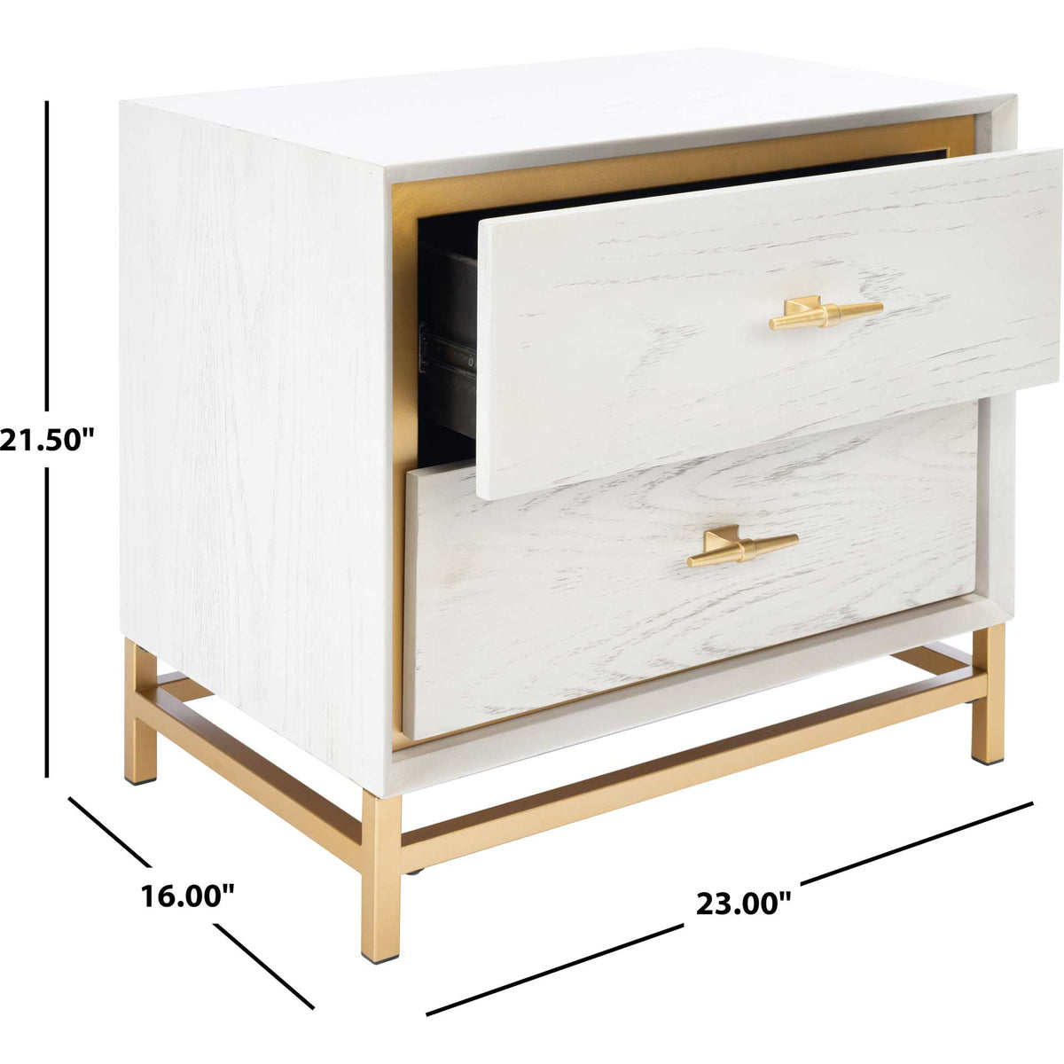 Whitewashed nightstand measures 23 inches wide, 16 inches deep, and 21.5 inches high