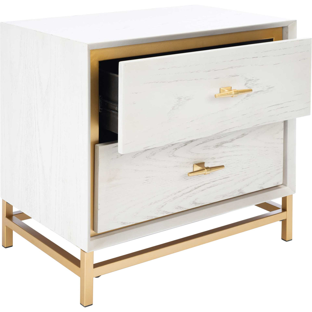 An open upper drawer adds accessible storage to this whitewashed cabinet with brass trim
