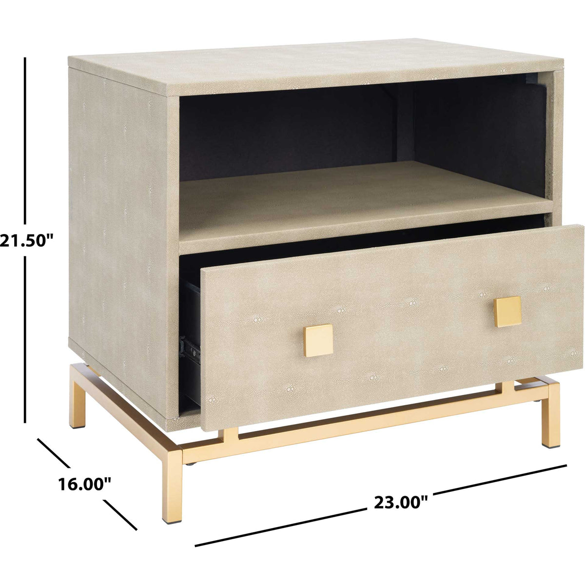 Light taupe nightstand measures 23 inches wide, 16 inches deep, and 21.5 inches high, with a shelf and drawer