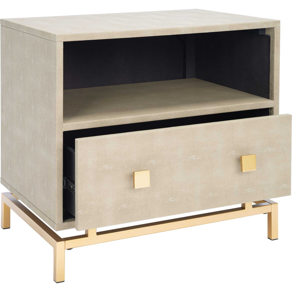 An open drawer reveals dark storage beneath a black-lined shelf, with brass-tone pulls on a pebbled taupe front