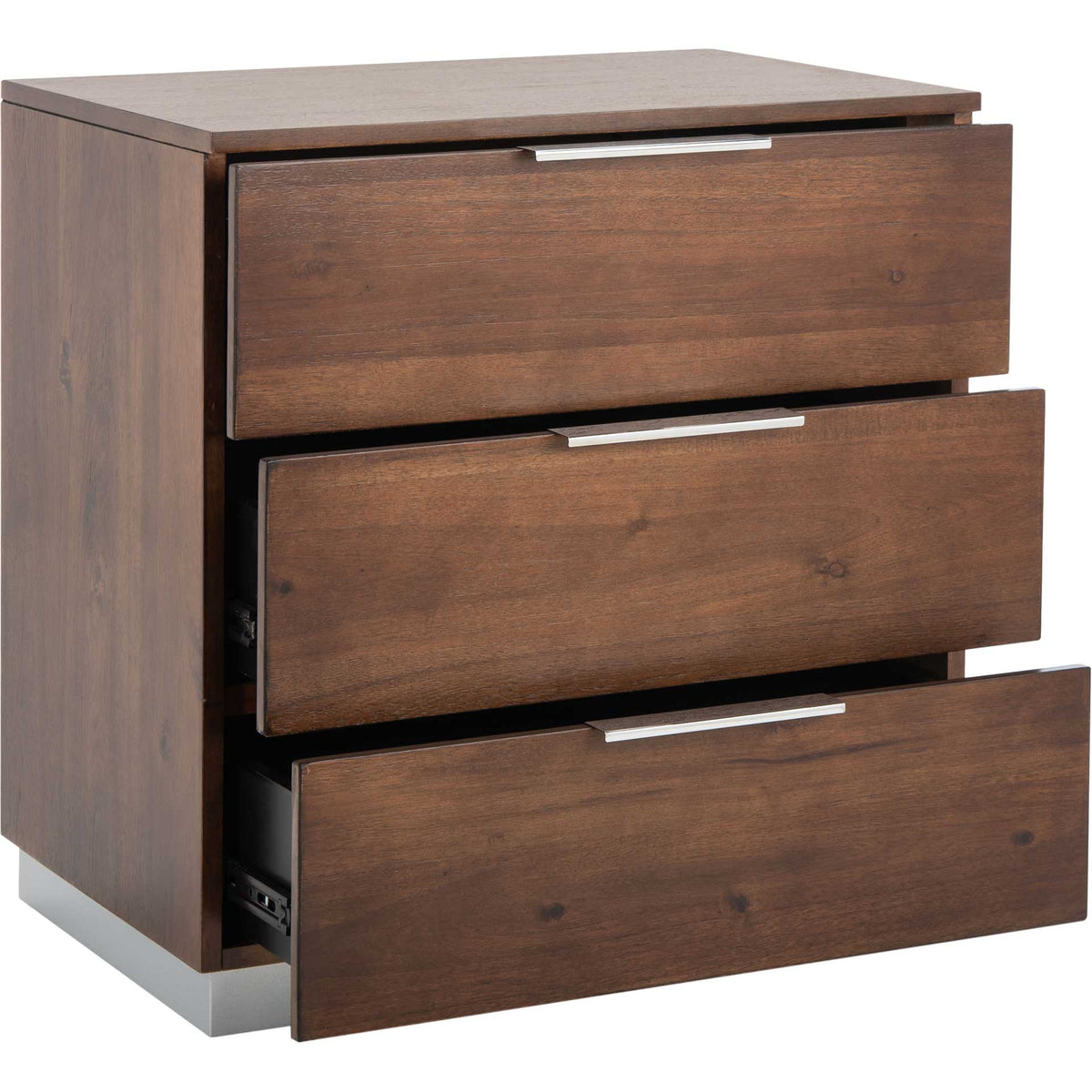 Three open drawers offer easy-access storage beneath a smooth walnut top