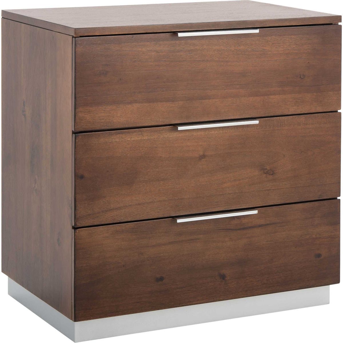 Dark walnut finish and chrome accents frame three streamlined drawers for bedside storage || NST6404A || front_angle_studio