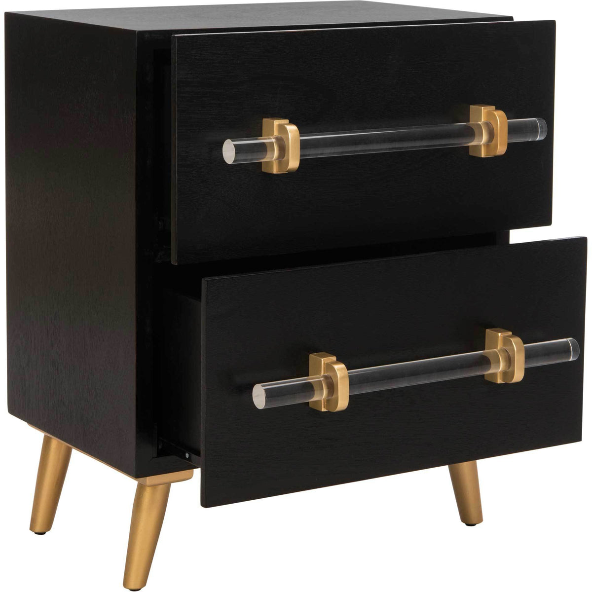 Open drawers highlight clear acrylic bar pulls with gold mounts on a black nightstand