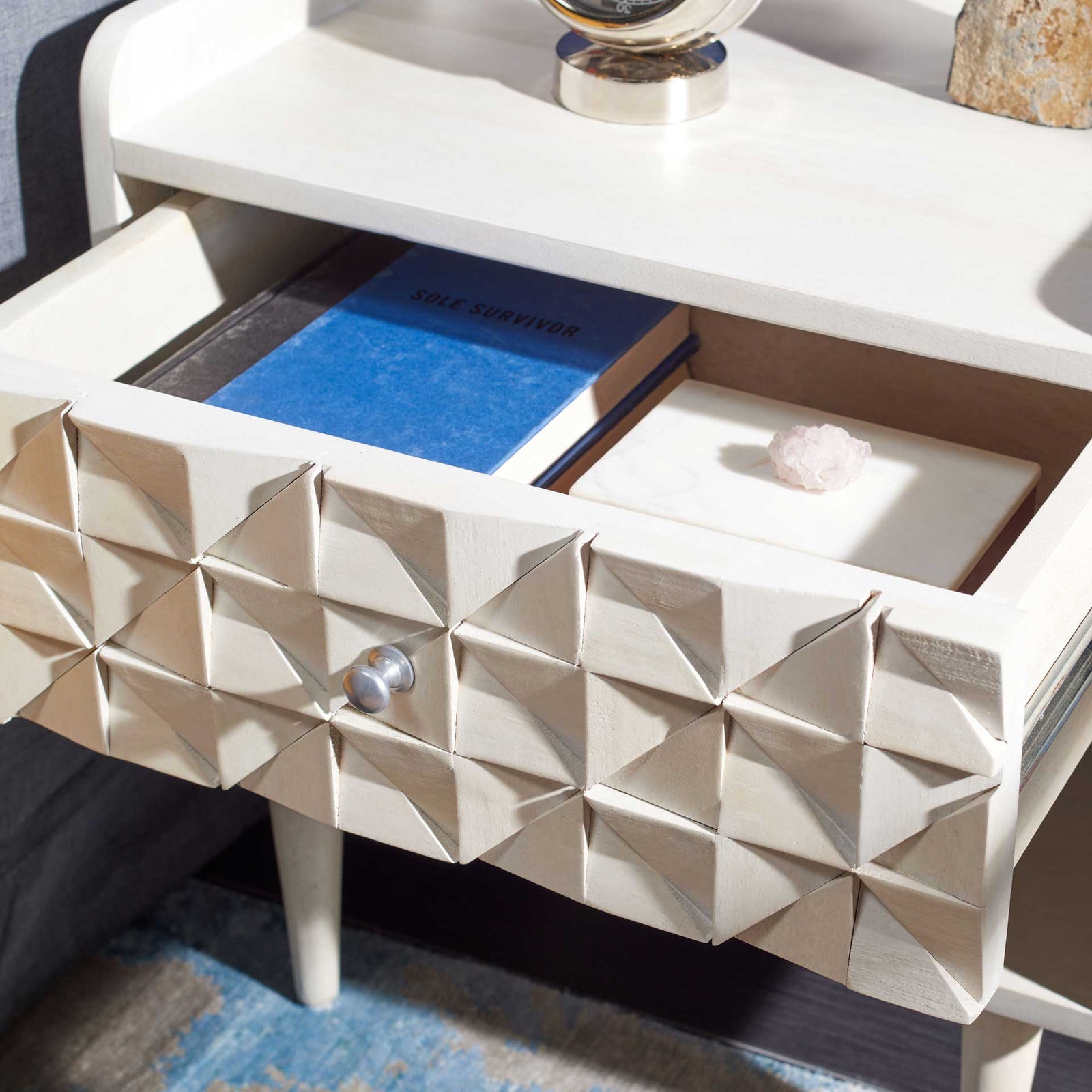 Zion Nightstand White Wash/Silver