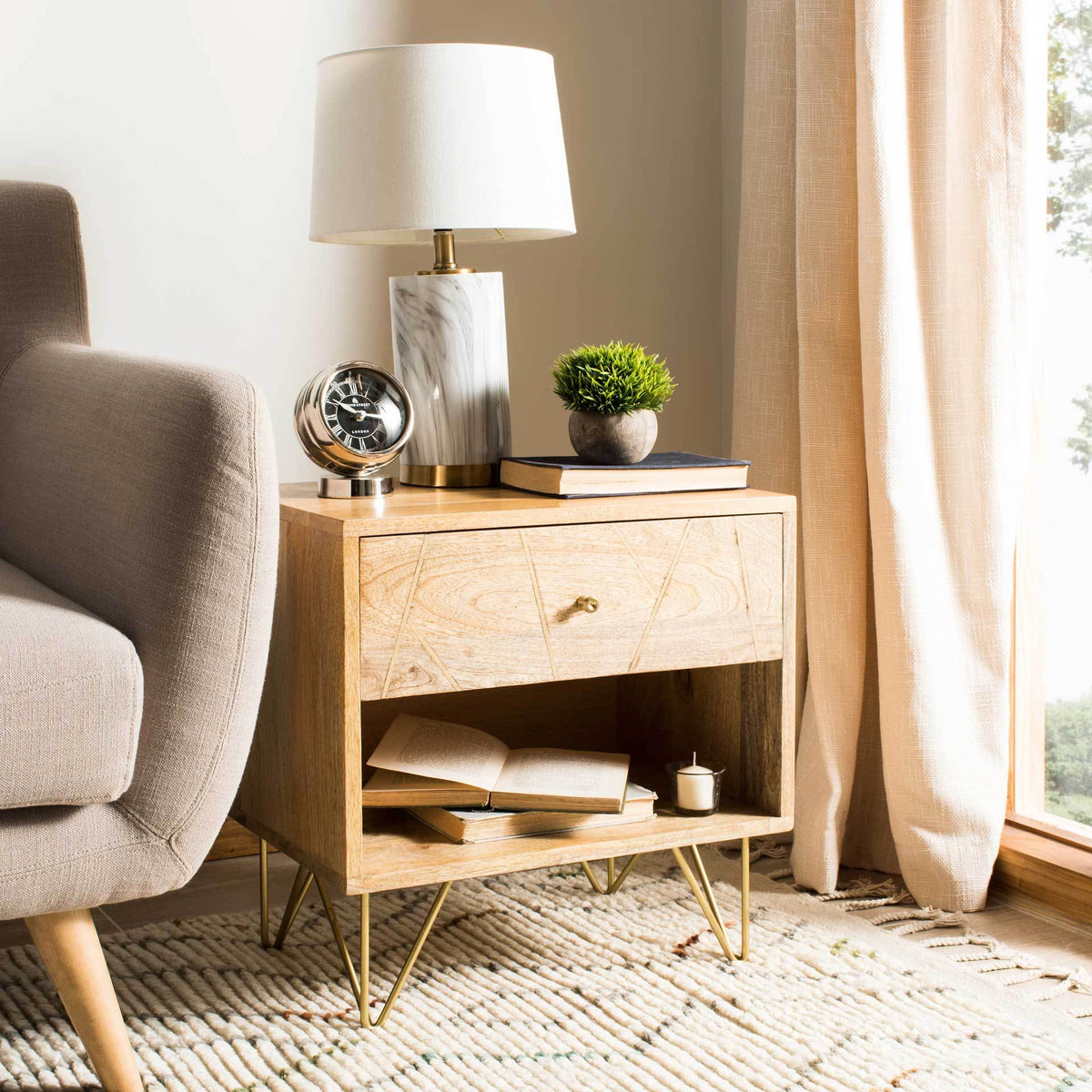 Macey Nightstand Natural/Brass