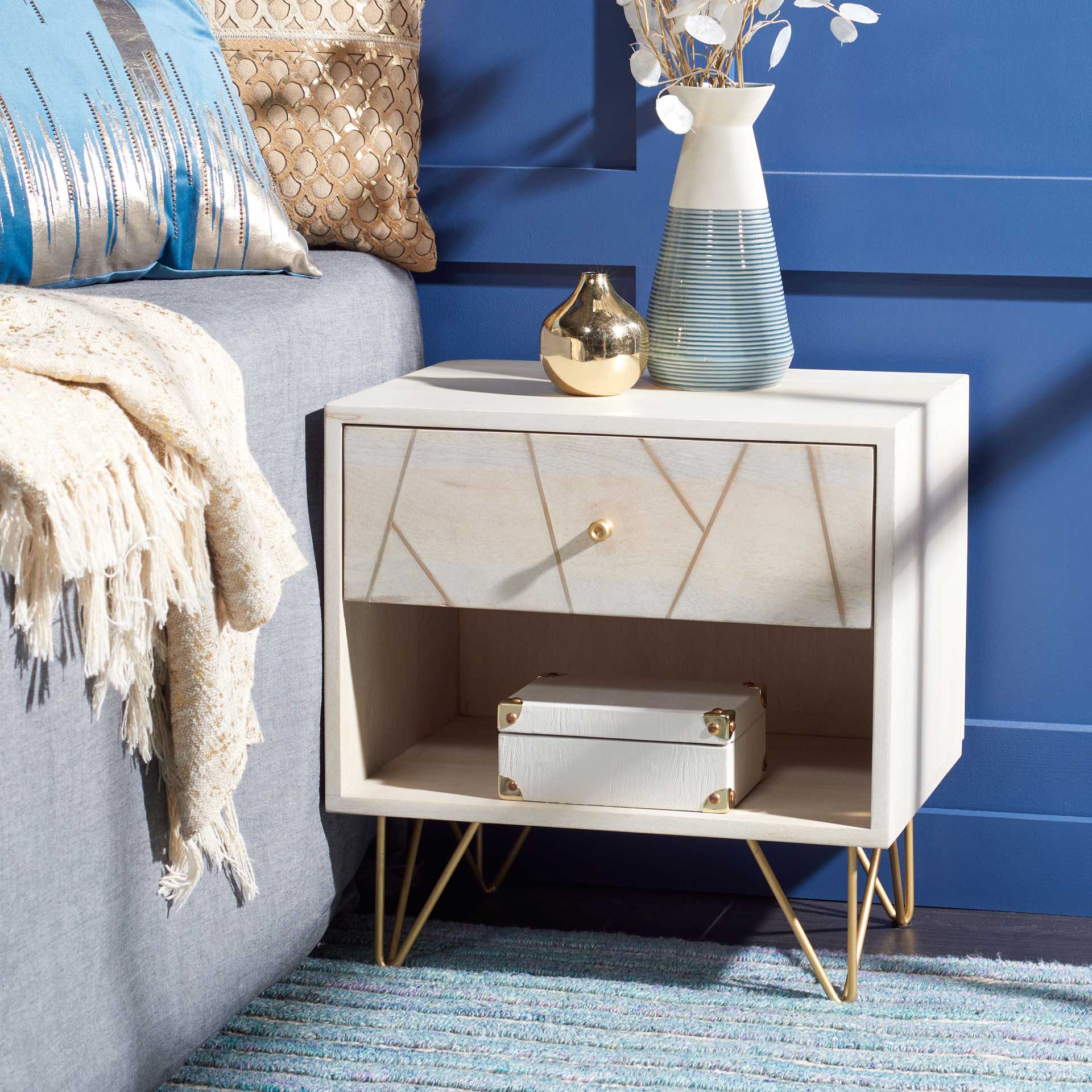 Macey Nightstand White Wash/Brass