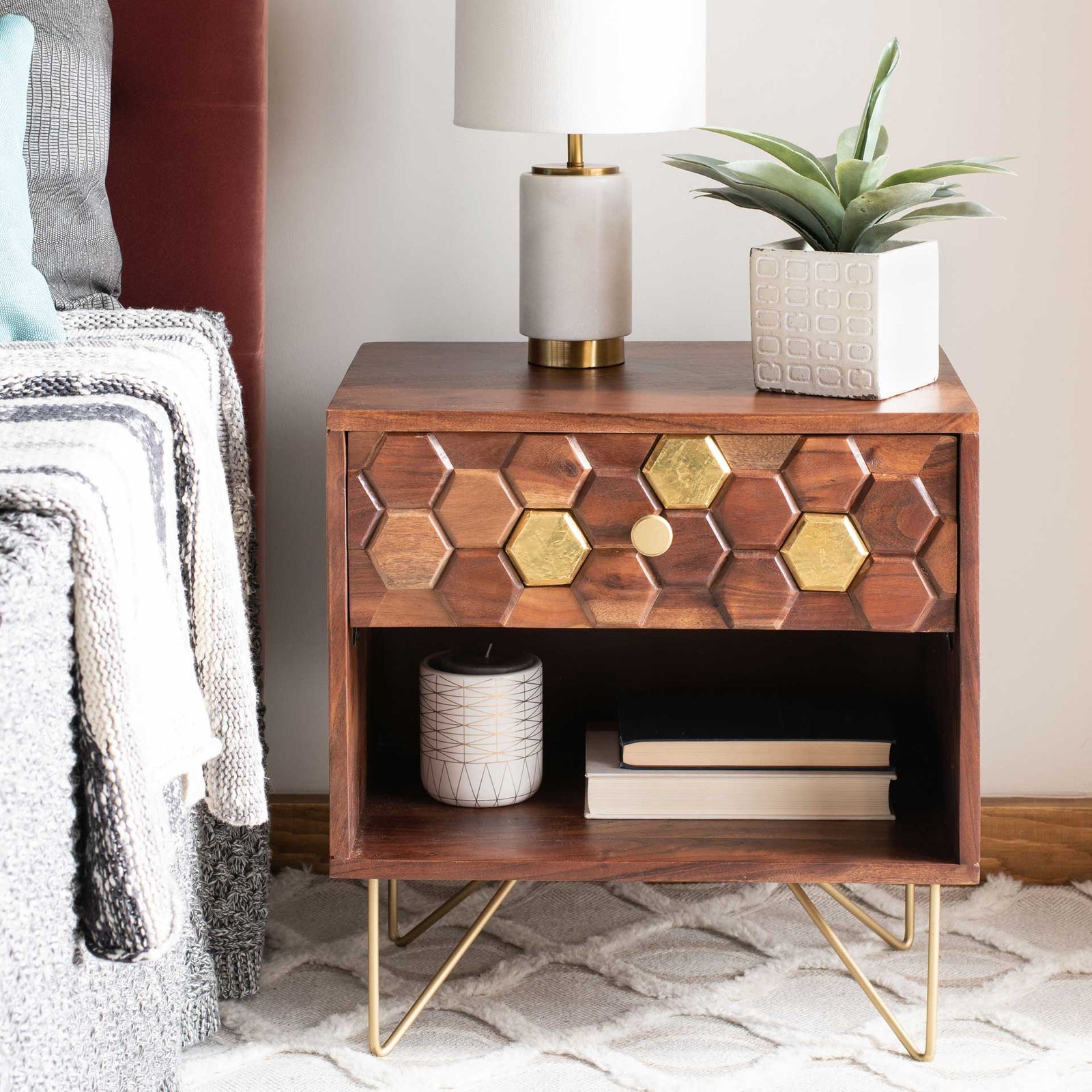 Ray Nightstand Mix Walnut/Brass