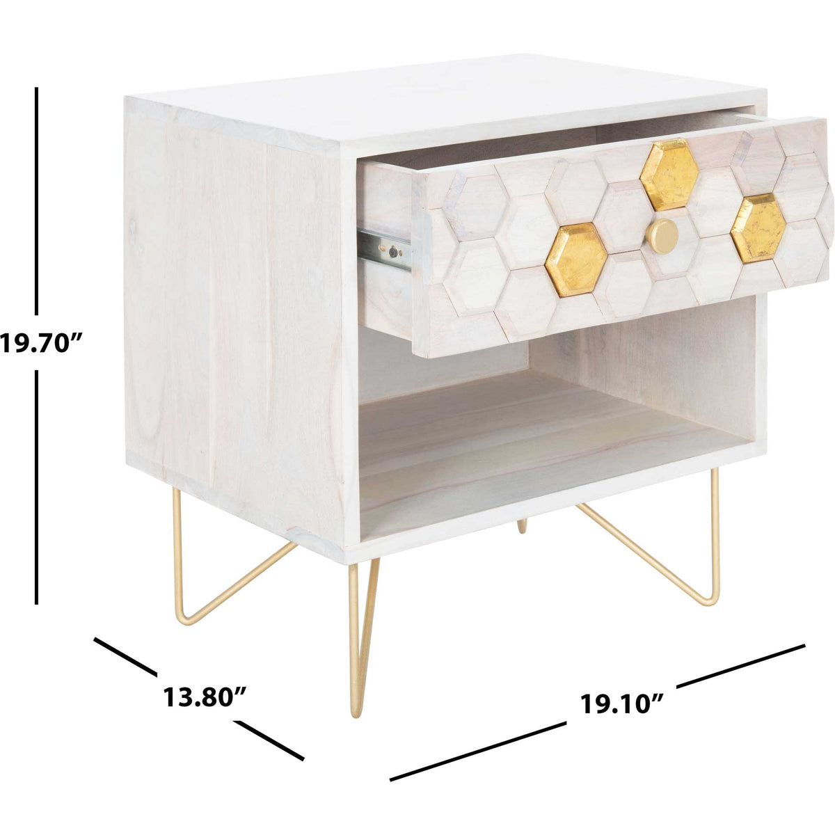 The nightstand measures 19.1 inches wide, 13.8 inches deep, and 19.7 inches high, with a drawer and open shelf.