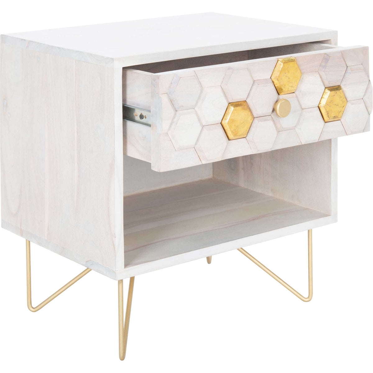 Pull-out drawer offers hidden storage above an open shelf, framed by whitewashed wood and brass-tone legs.