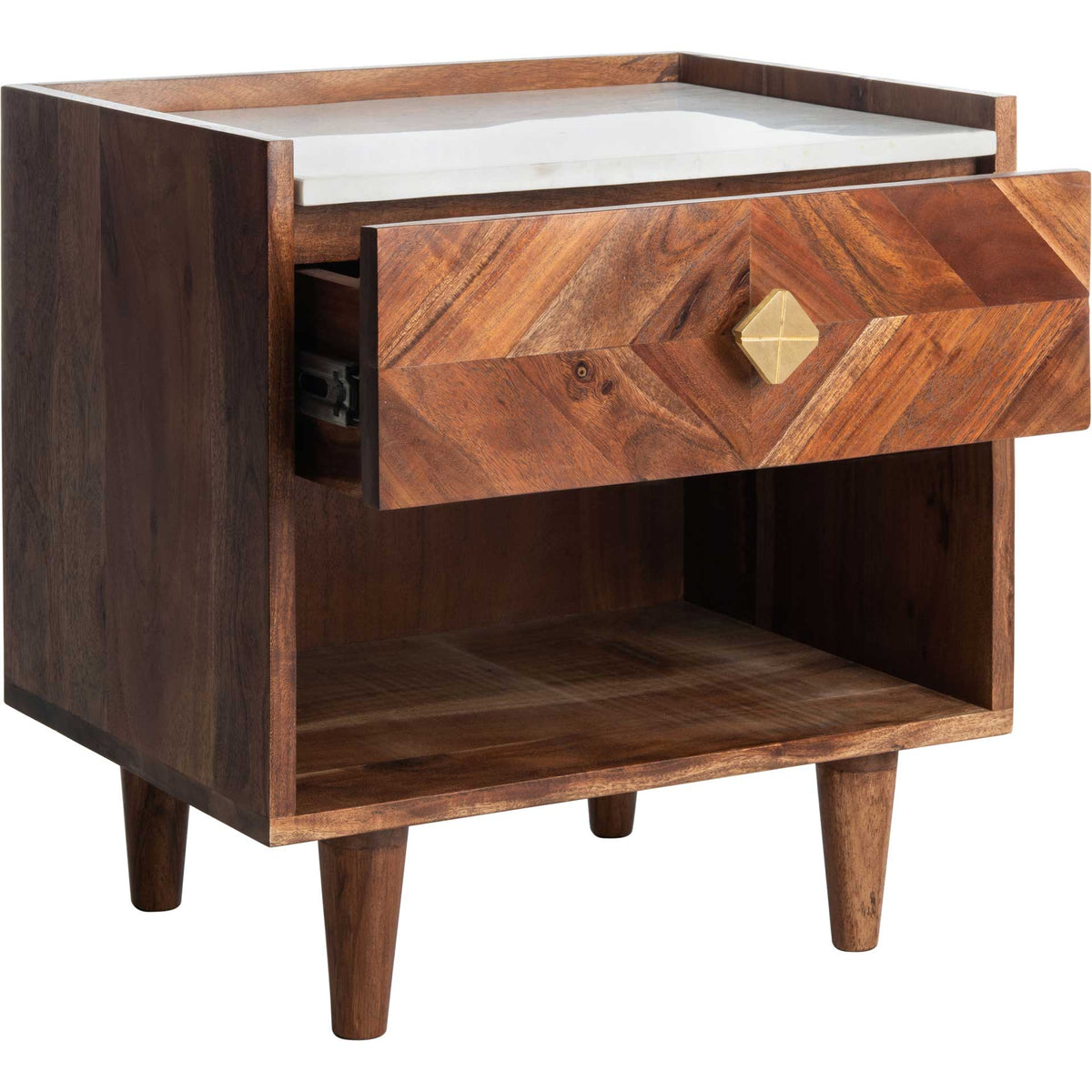 The parquet drawer pulls out above an open shelf, with a marble-look top and tapered wood legs.