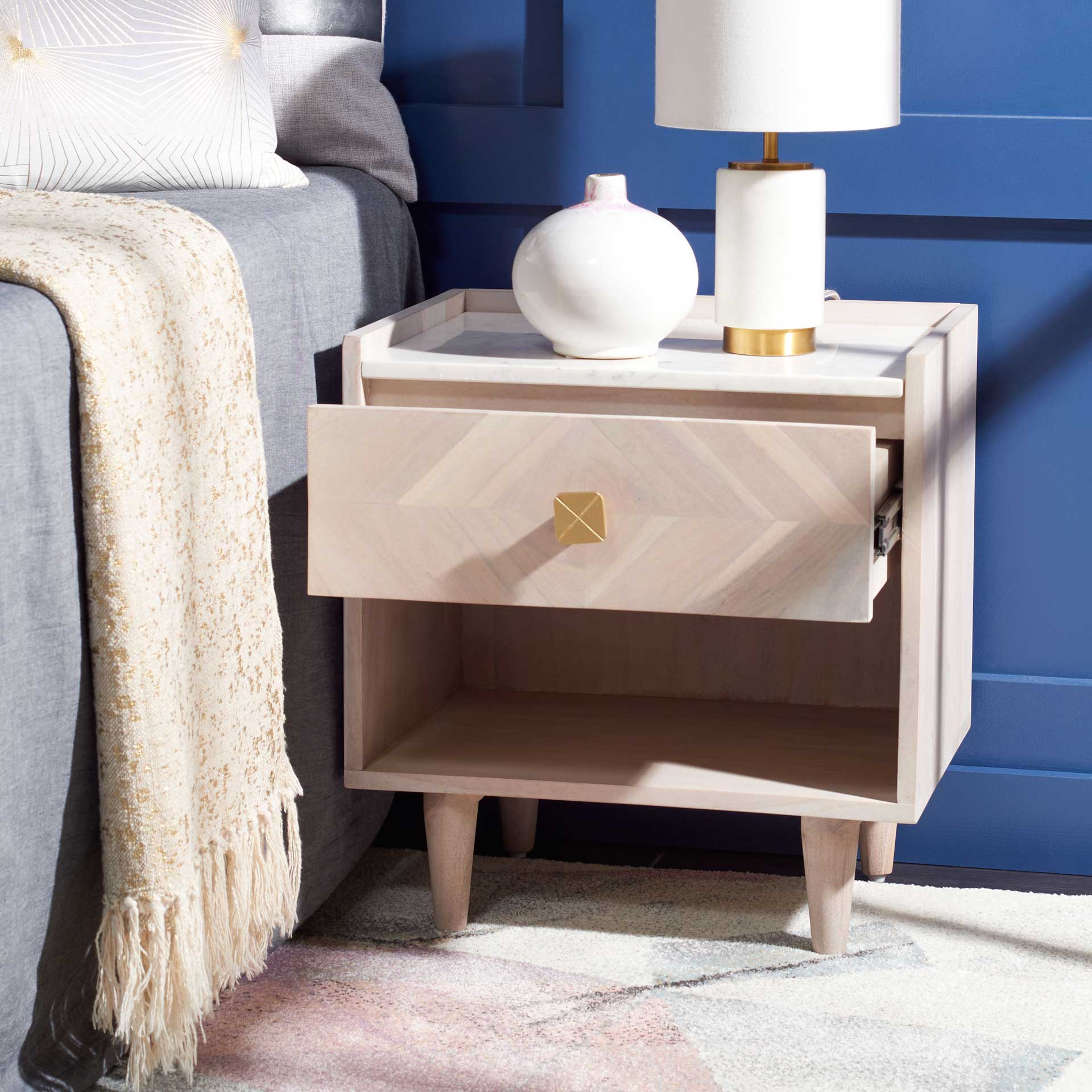 Tabitha Parquet Nightstand White Wash/Brass