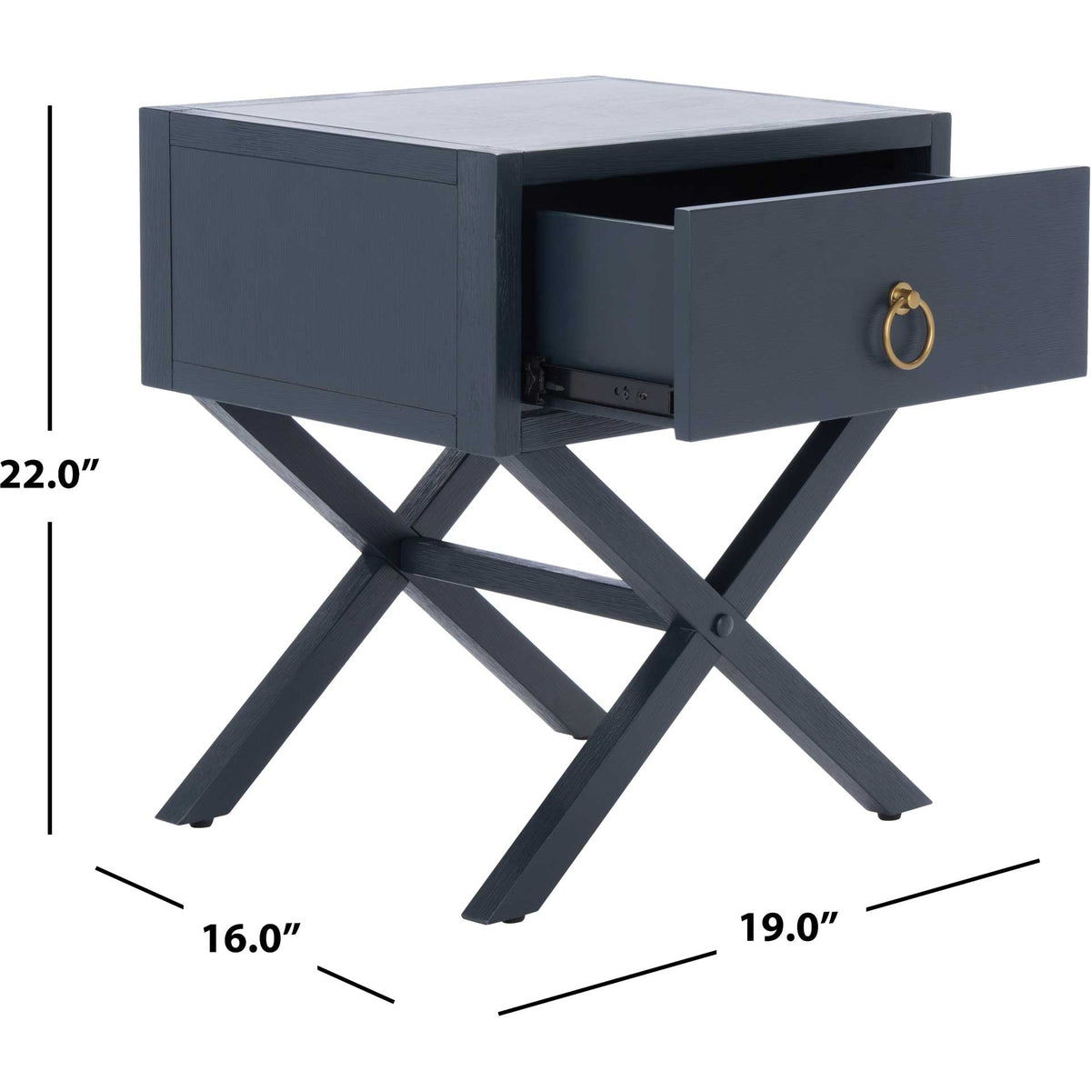 Compact navy nightstand measures 19 inches wide, 16 inches deep, and 22 inches high.