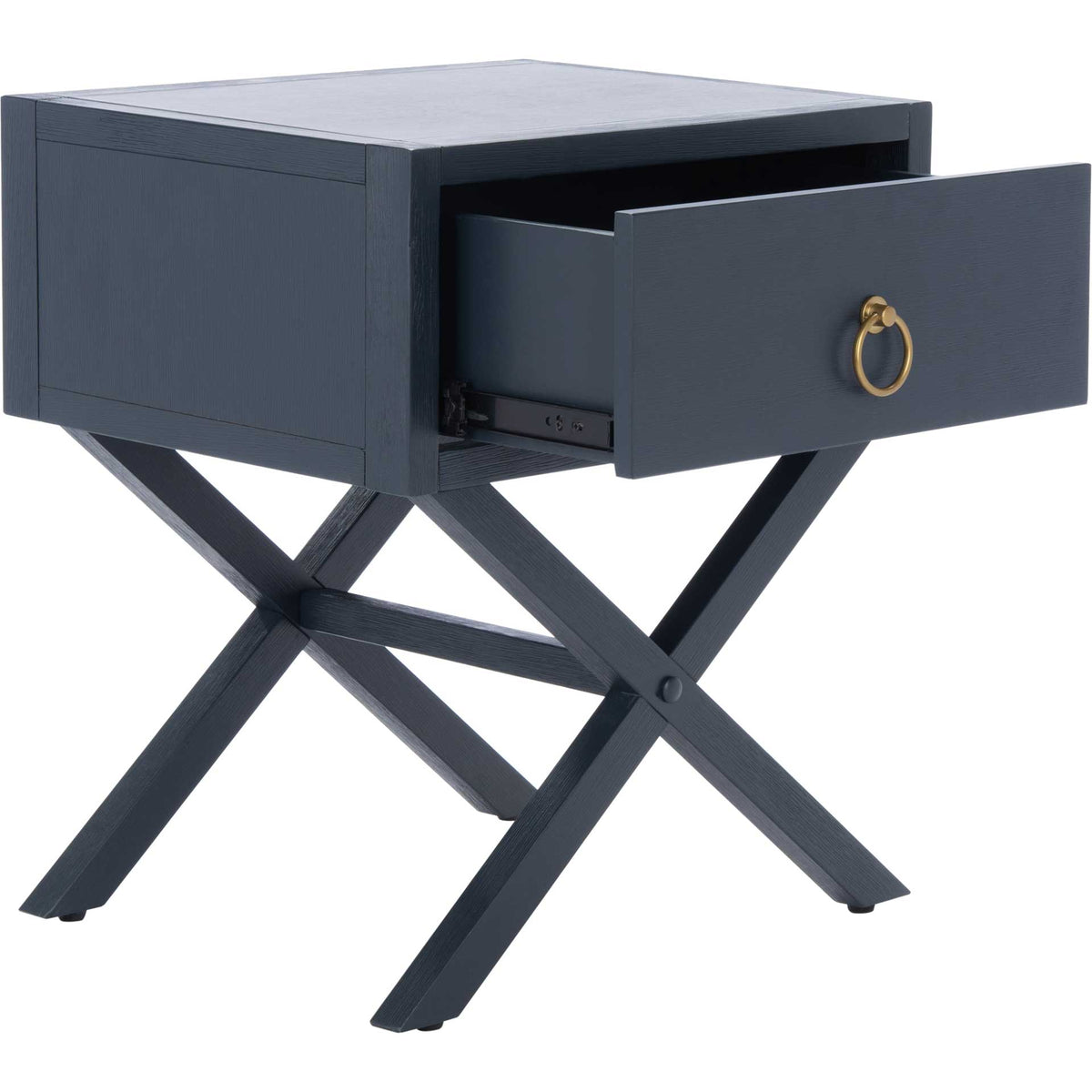 A single navy drawer opens above the crossed-leg frame for accessible bedside storage.